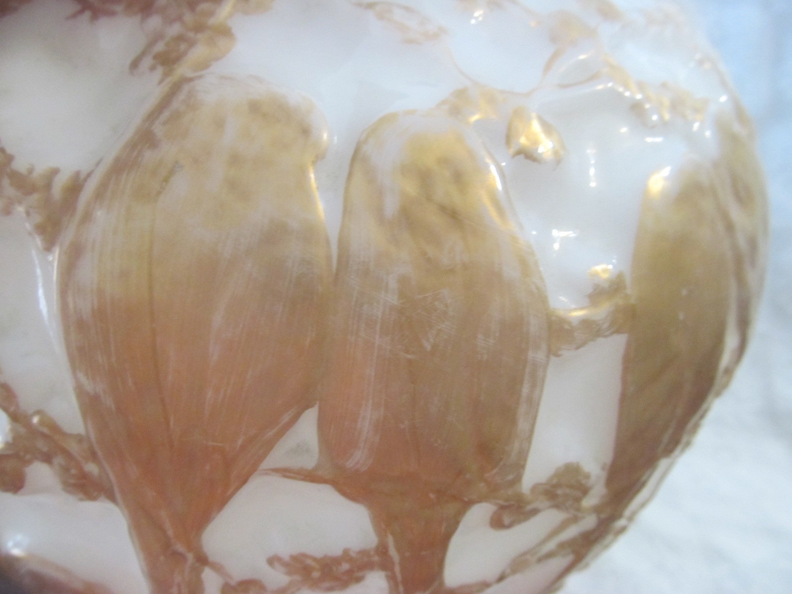 HUGE~Vintage Art Deco Lovebirds Embossed Vase Consolidated~Phoenix Art Glass 11″