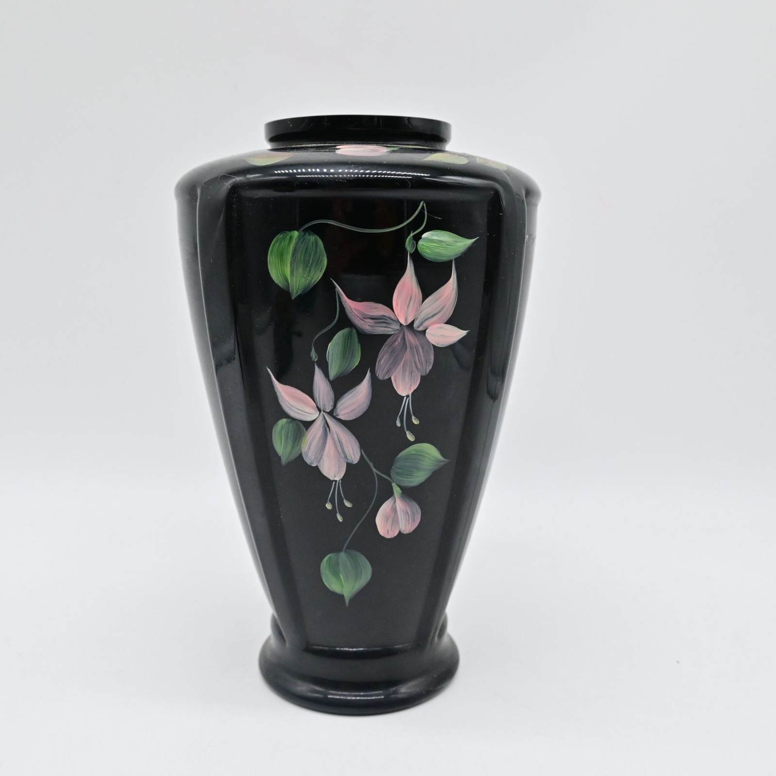 Fenton Black Ebony Floral Hand Painted Paneled Vase
