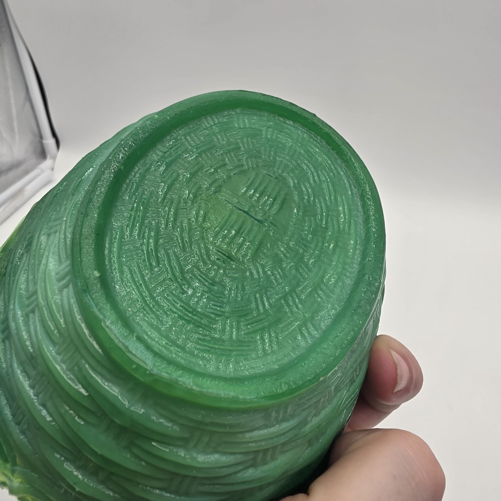 Green Slag Glass Hen on a Basket Covered Candy Dish 6″