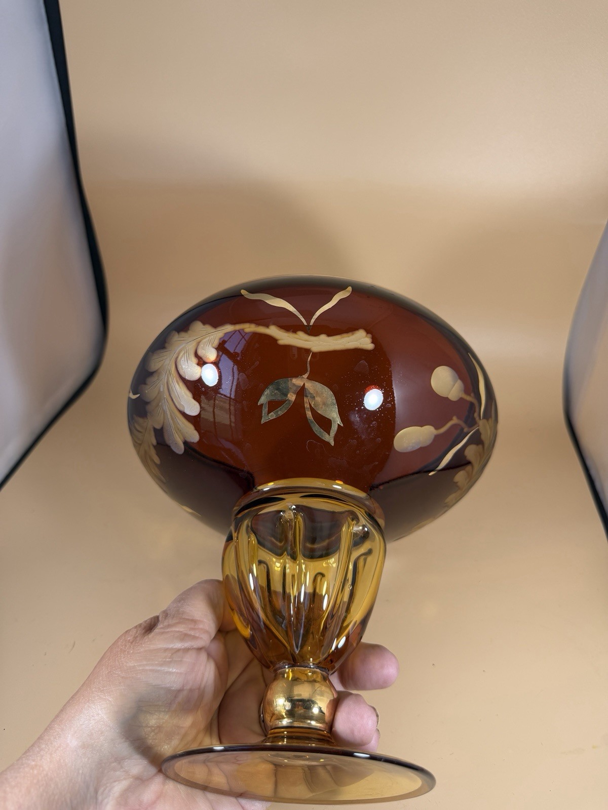 Beautiful Bohemian Amber Cut to Clear Crystal Compote Floral Vintage