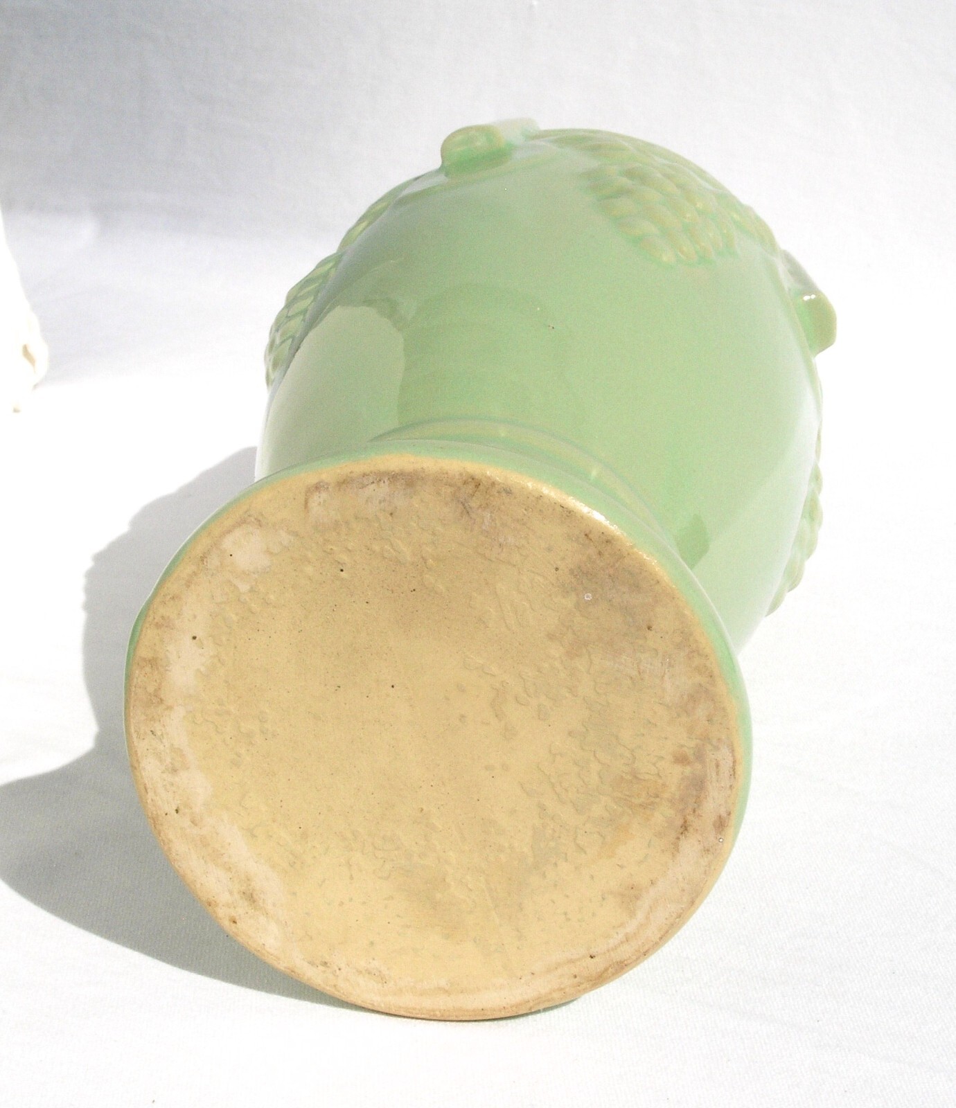 Vintage 11″ Chartreuse Green Greek Key & Grape Motif Stoneware Vase Yellow Ware
