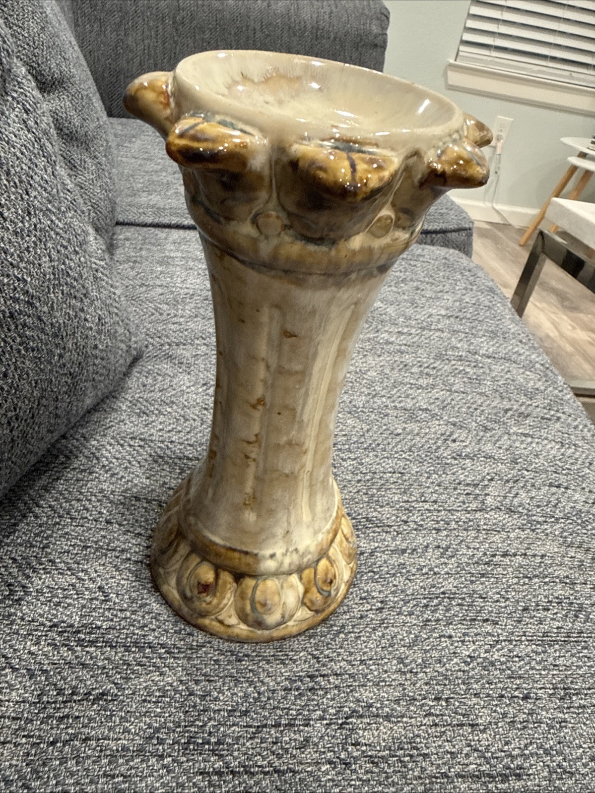 Vintage Studio Art Pottery Pedestal Vase Brown Cream Drip Glaze Hand Signed