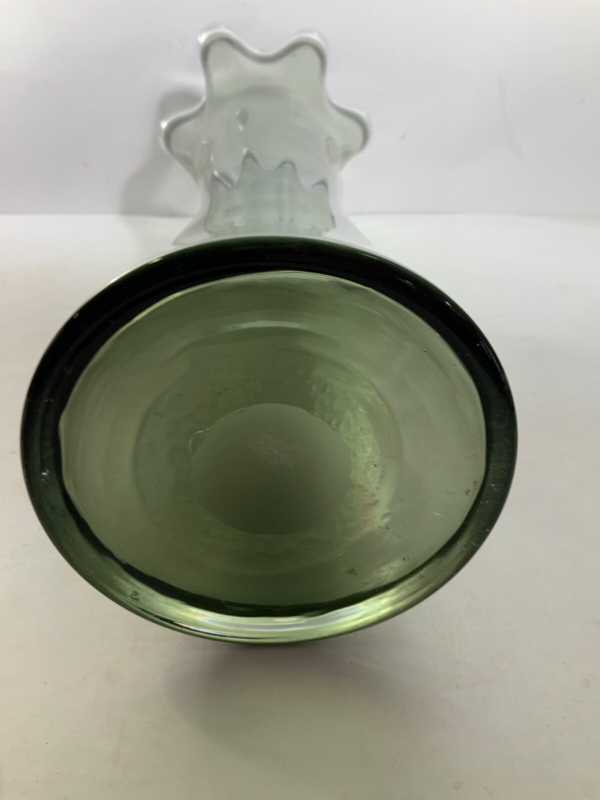 Vintage Hand Blown Glass Smokey Gray & Clear Top Ruffle Swung Vase 17.5 in.