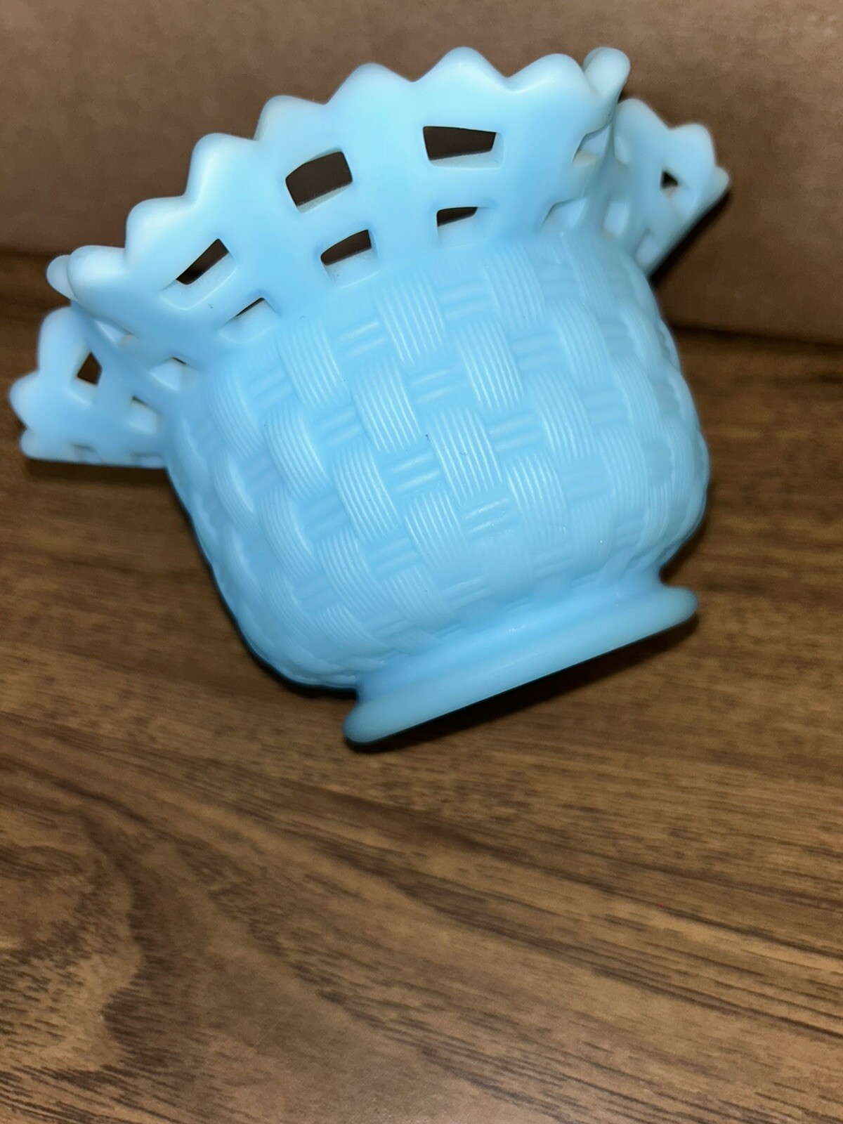 Vtg Match Pair Fenton Blue Satin Glass Basket Weave Ruffled Rose 3” Bowl Vase DP
