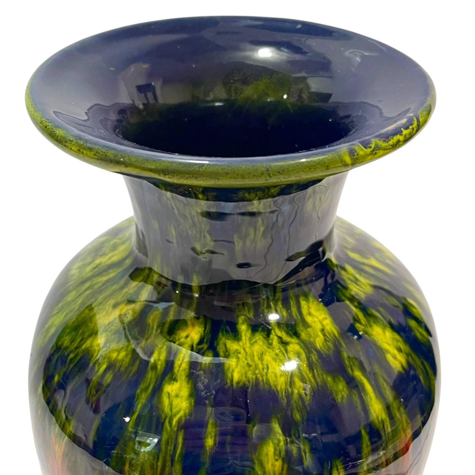 Vintage 1950s Italian Pottery Art Vase Vibrant Orange and Yellow on Cobalt Blue