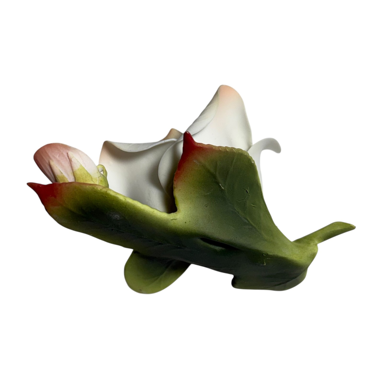 Porcelain Rose Figurine Capodimonte Style White Peach Green Botanical Flower