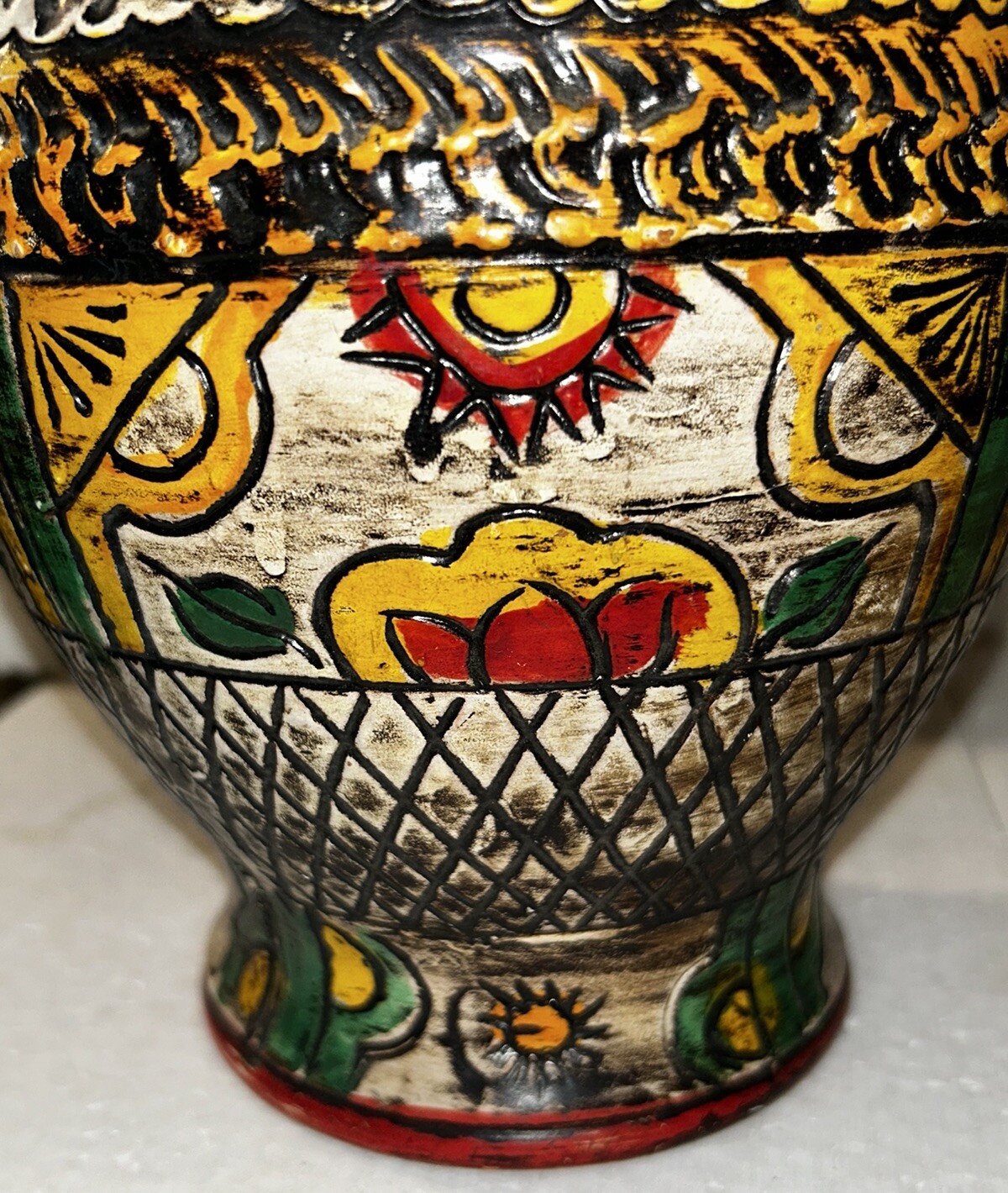 Vintage Made in Japan Bird and Floral Earthenware Vase. Pottery. Engraved Design