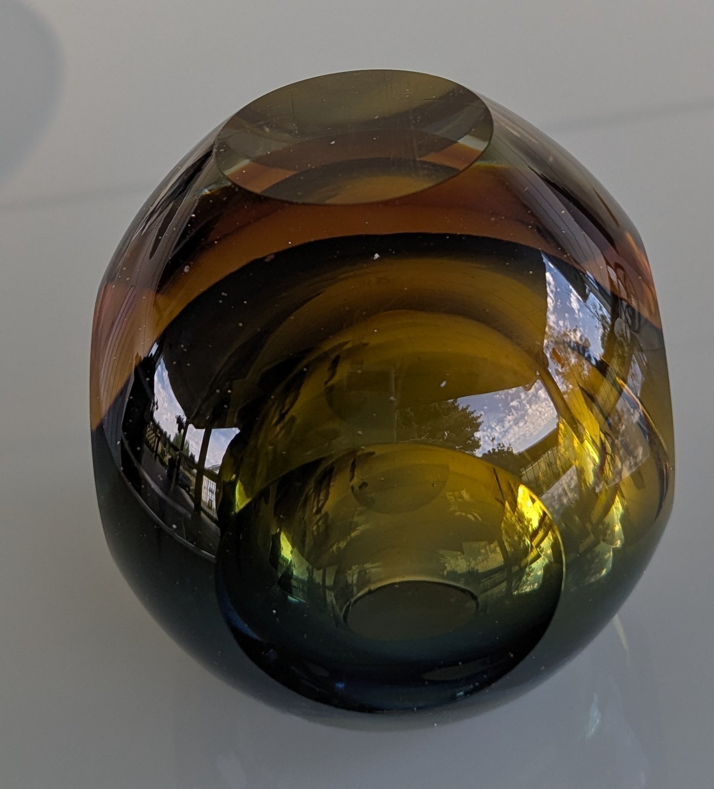 Vintage Murano Sommerso Art Glass Candle Holder Faceted Ball Green Amber Vase