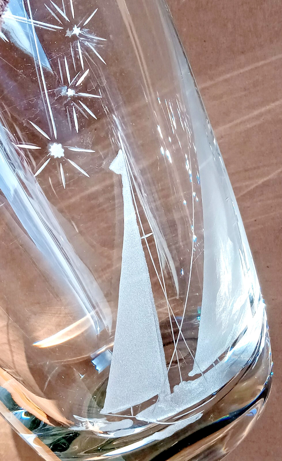 Vintage Nautical Boat Swedish Glass Art Vase Large Etched Glass MCM