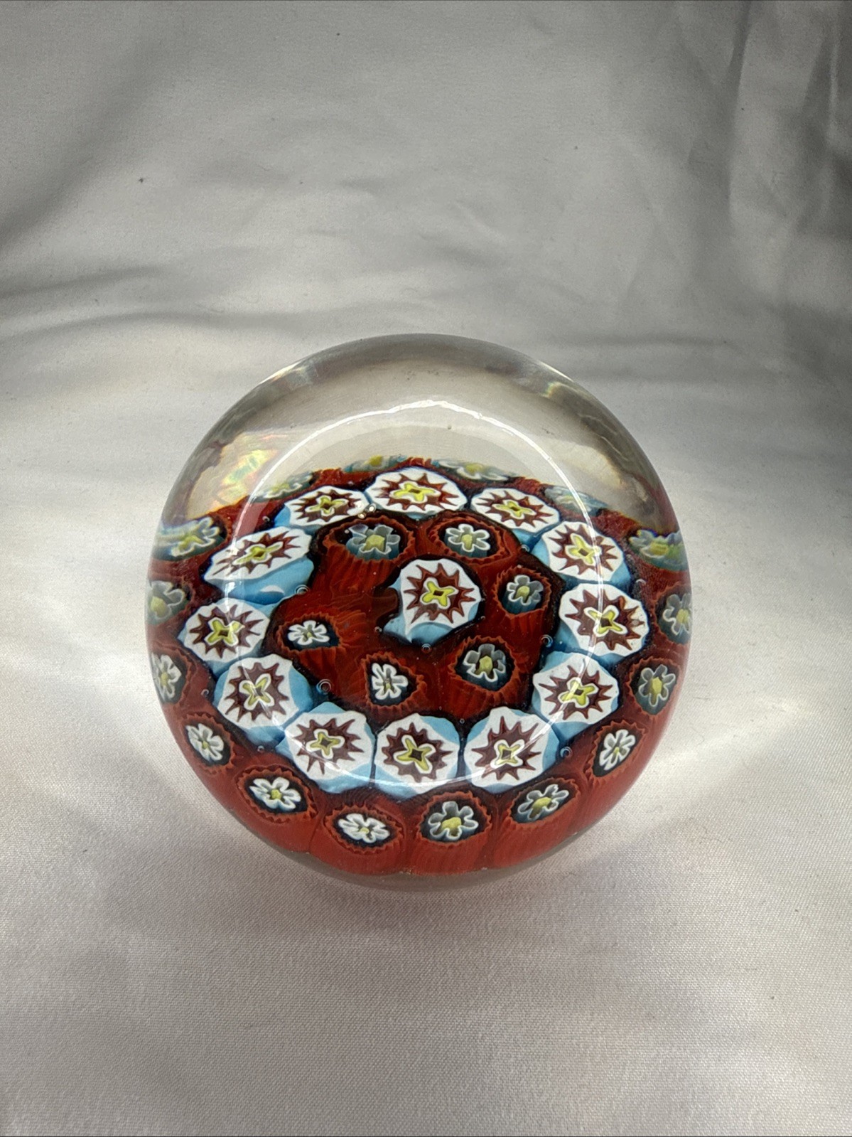 Vtg Red/Blue MILLEFiORI CANE Art Glass Paperweight Murano? 3” Diameter (N285)