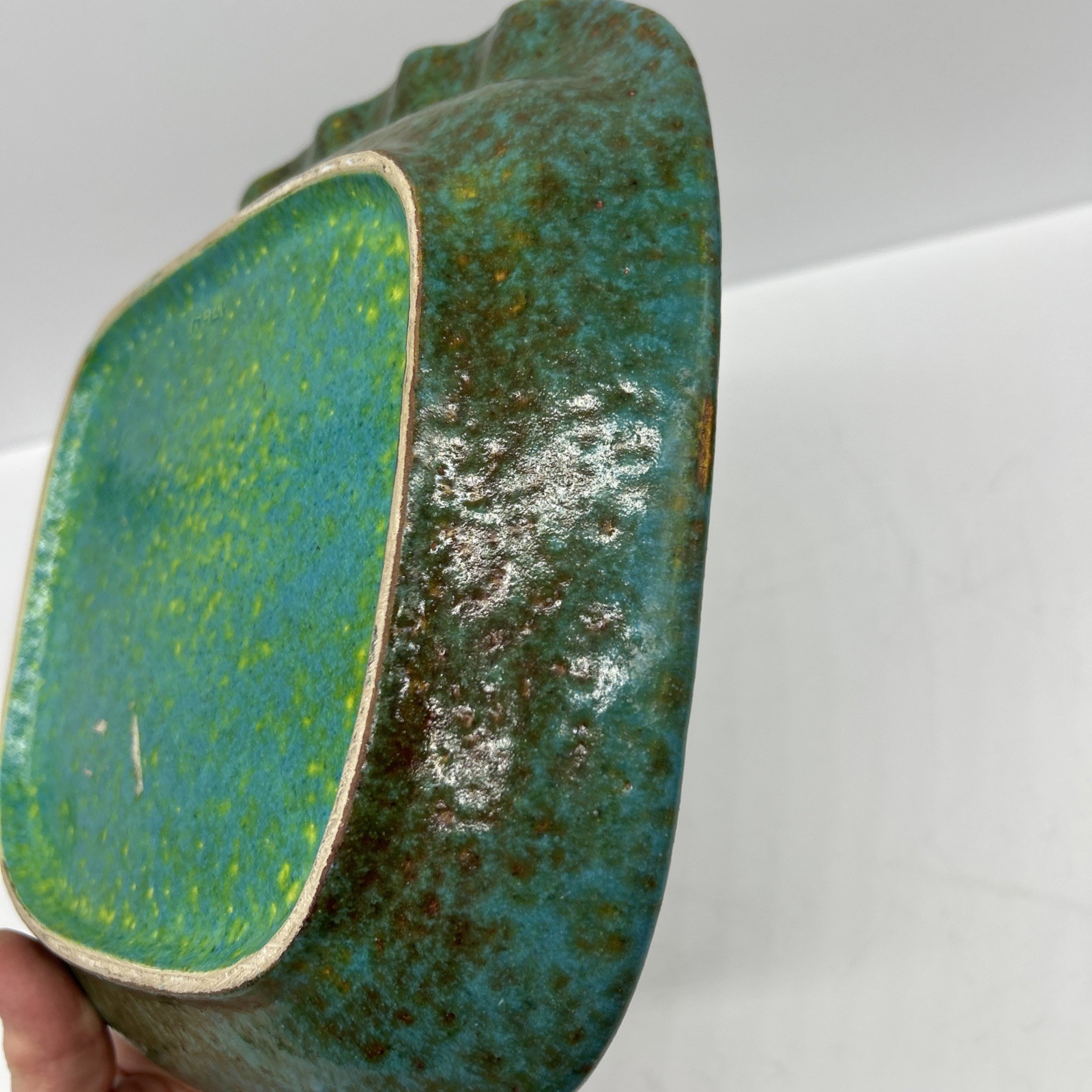 Large VTG Ceramic Italy Teal Blue Green Candy Dish Ash Tray Lava Glaze 9.75” MCM
