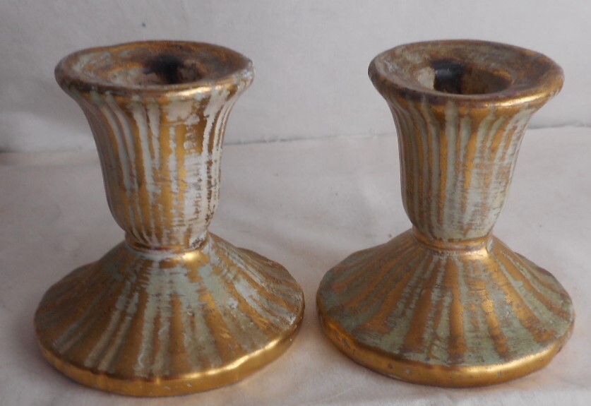1-Pair of Stangl Pottery Candle Holders 22kt Gold Decorated 3-1/4″ x 3-1/2″ High
