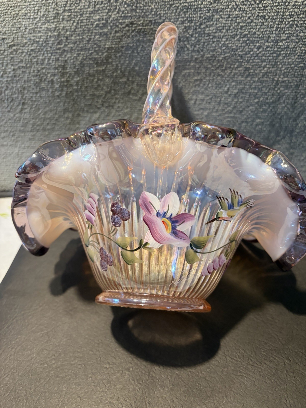 FENTON CHAMPAGNE IRIDESCENT MORNING GLORY HUMMINGBIRD RIBBON CANDY CRIMP BASKET