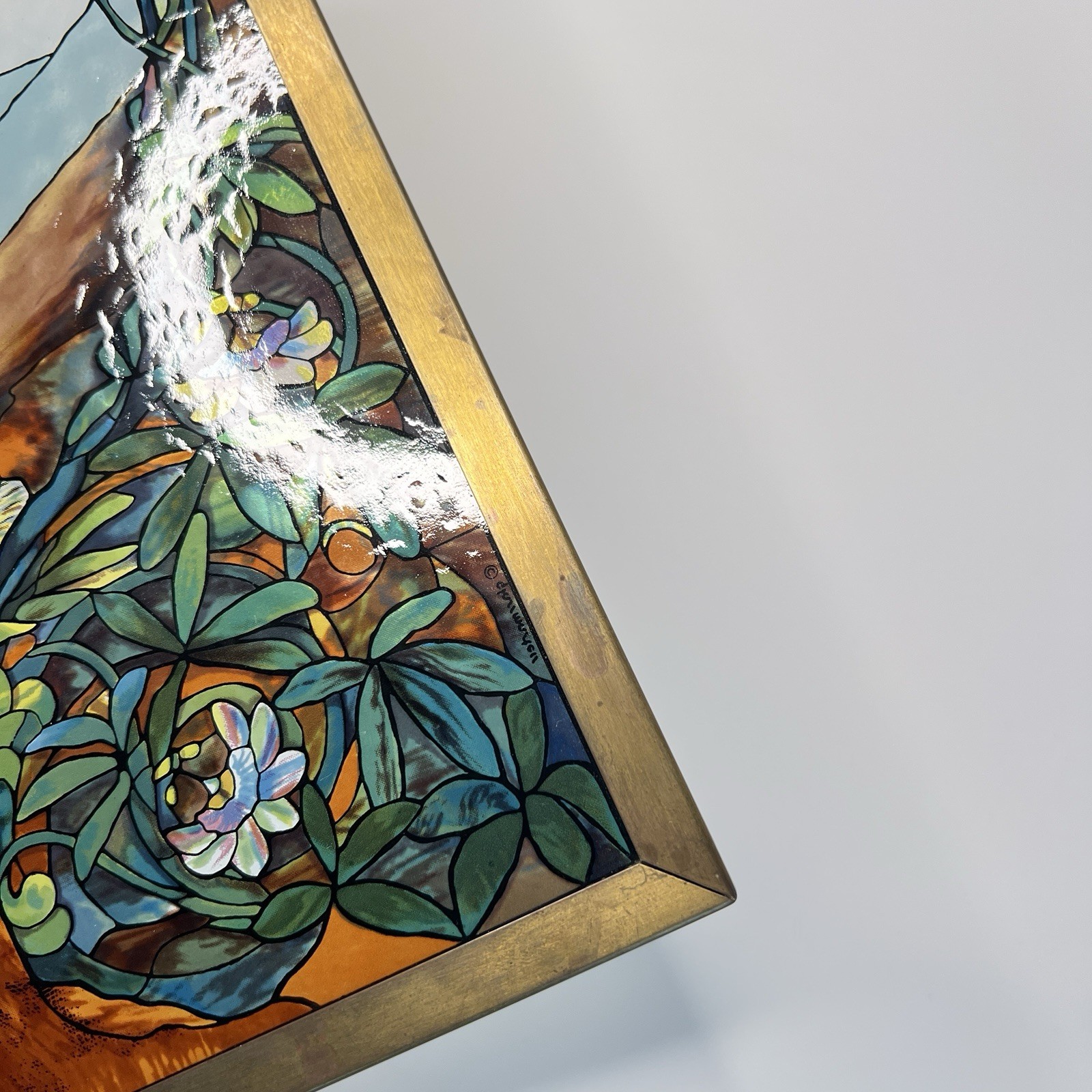“Tree Of Life” Stained Glass Panel Signed Louis C. Tiffany. Reproduction. 13X9”