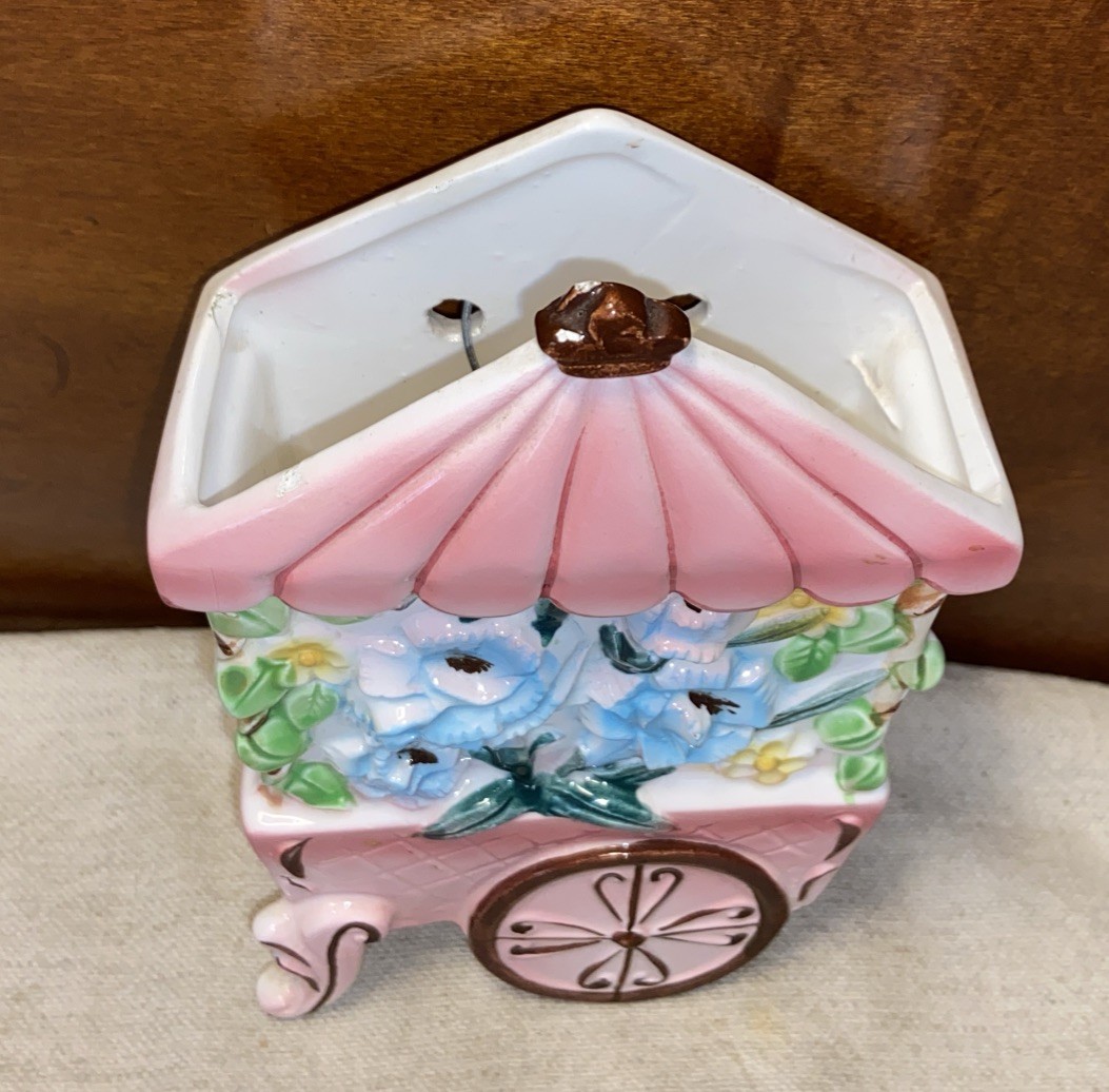 Vintage MCM Ceramic Porcelain 3-D Flower Cart Wall Pocket Table Vase