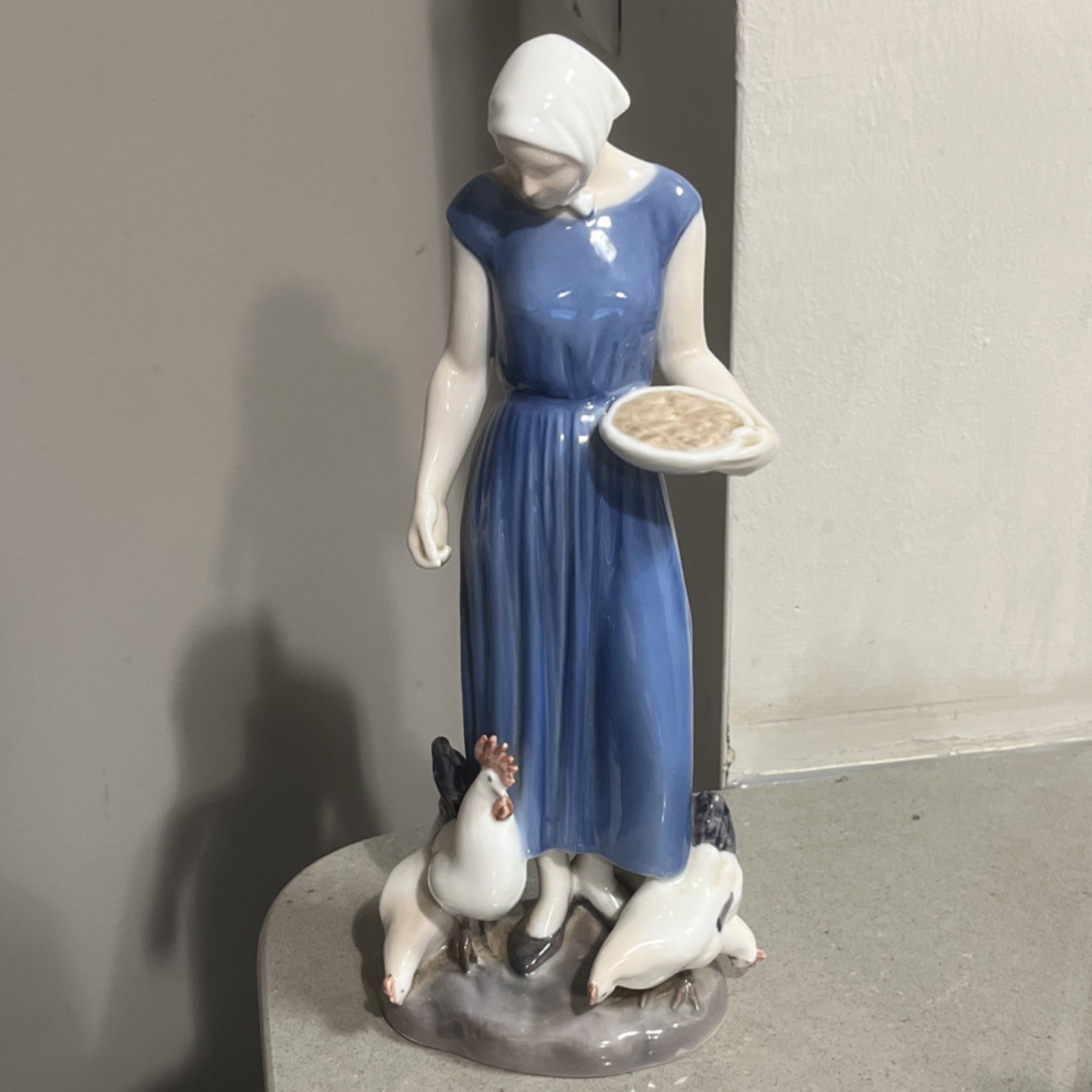 Bing & Grondahl Porcelain Woman with Chickens Figurine Blue White 2220 G