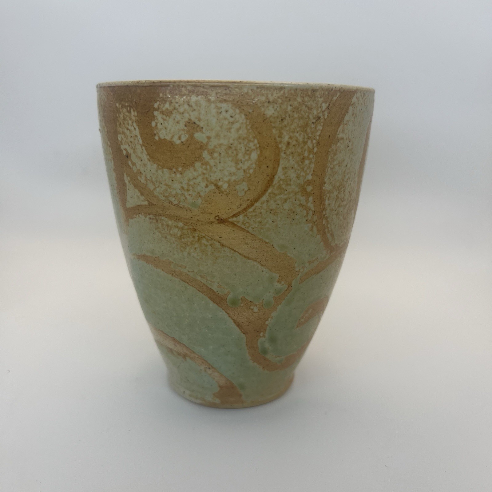 Studio Pottery 5” Tall Vase With Orange Swirls And Turquoise Glaze Signed
