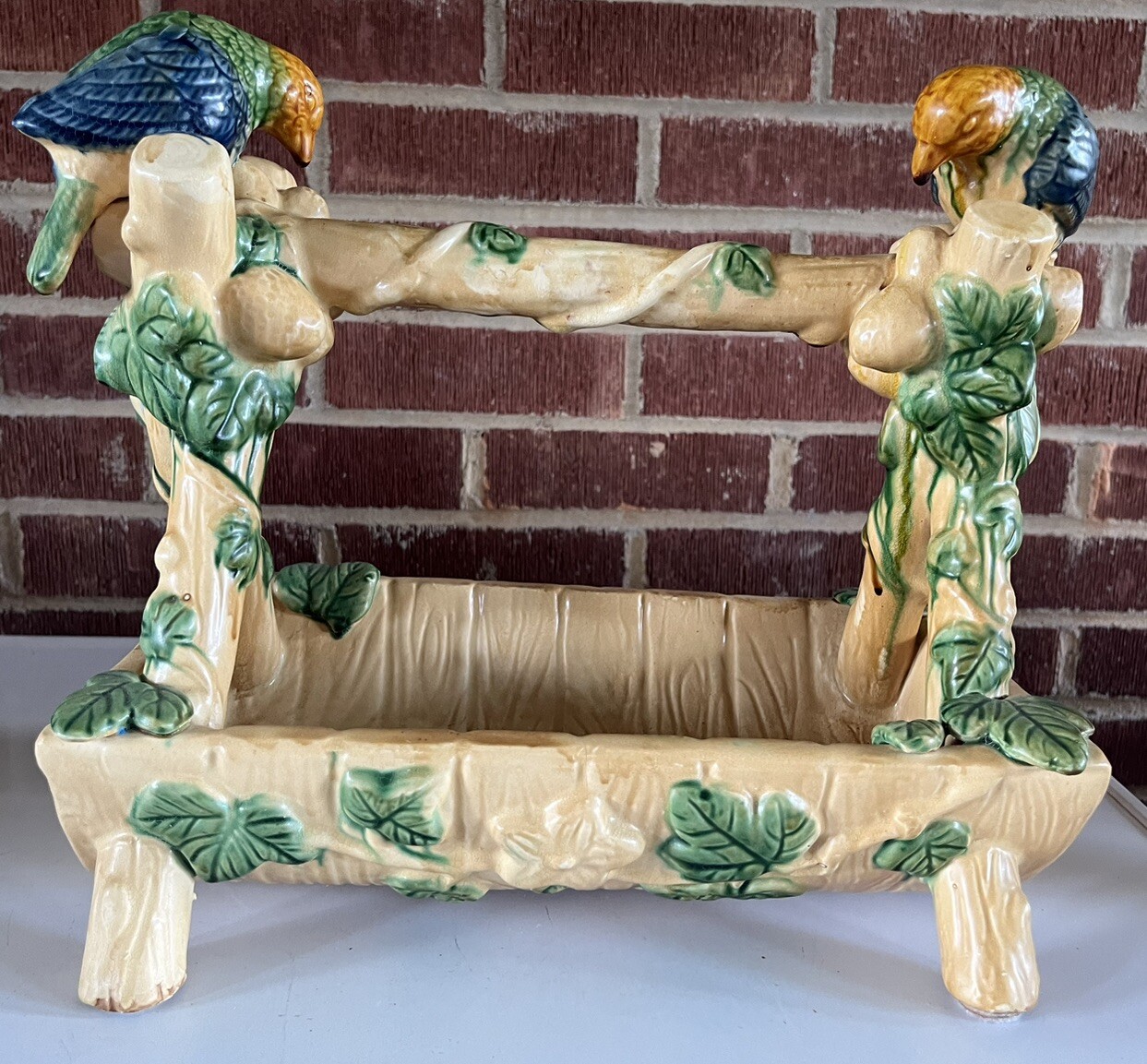 Victorian Pottery Strawberry Server Basket Planter 12” Parrots Birds Vintage