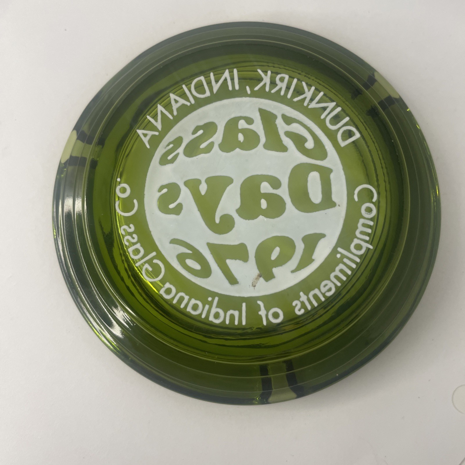 Vintage Retro Green Ashtray Indiana Glass Co Days 1976 Dunkirk Great Graphics