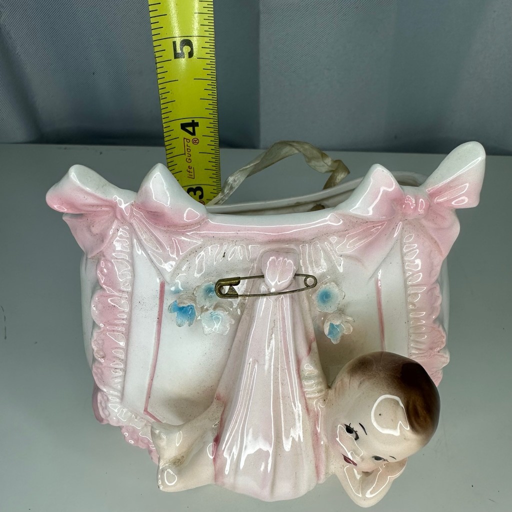 Vintage Ceramic Pink Baby Diaper Sling Wall Pocket Planter Rubens Japan 4921