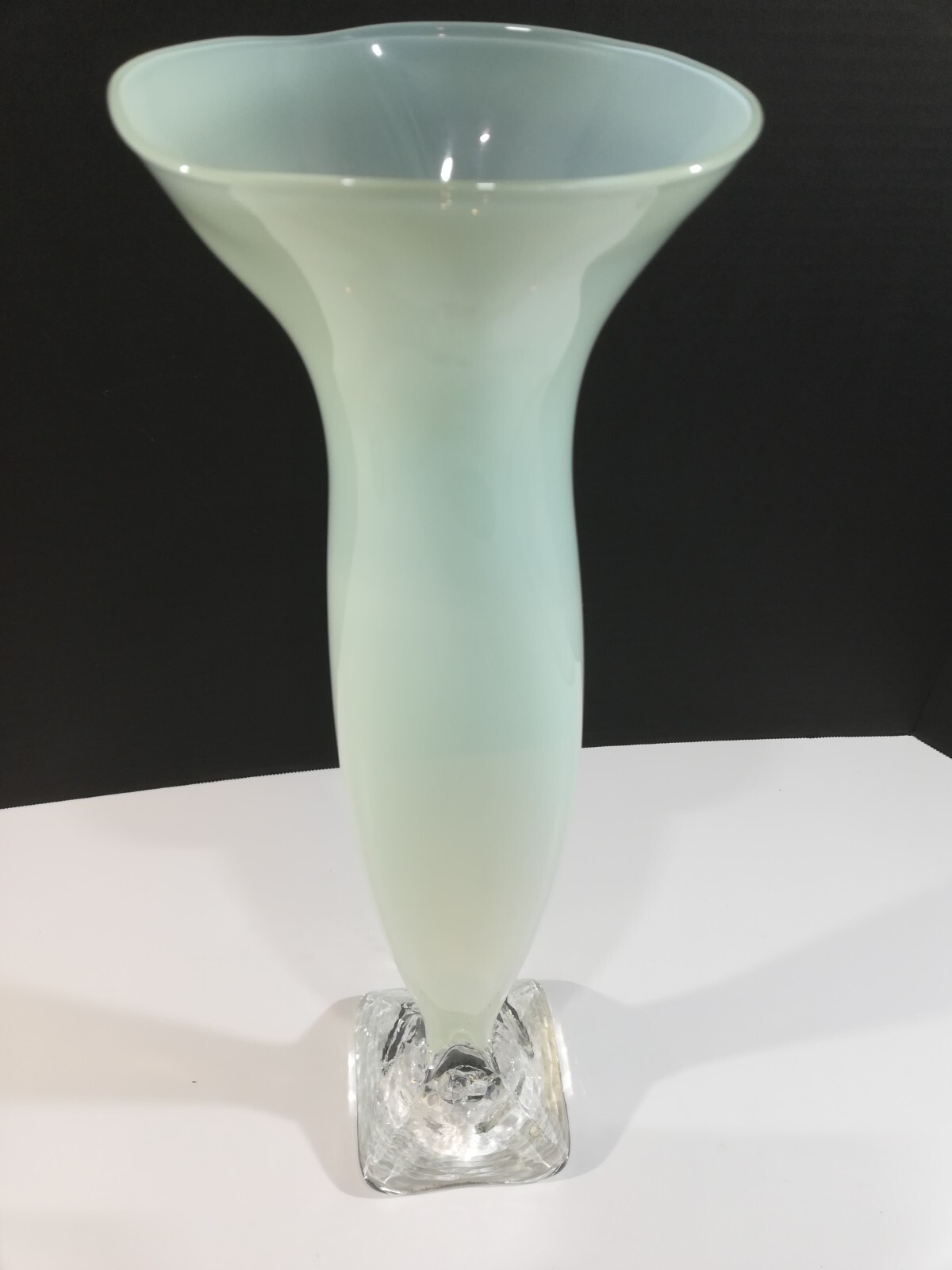 VTG pale mint green with clear base 16 1/2 ” tall vase art glass VGC