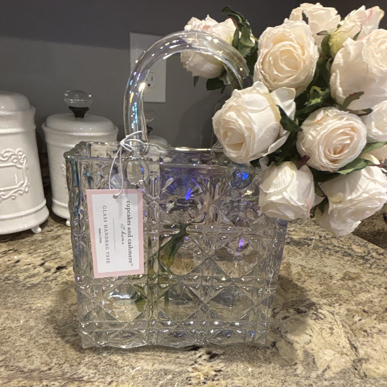 Cupcakes and Cashmere Clear Iridescent Glass Purse Vase with Glass Handle.