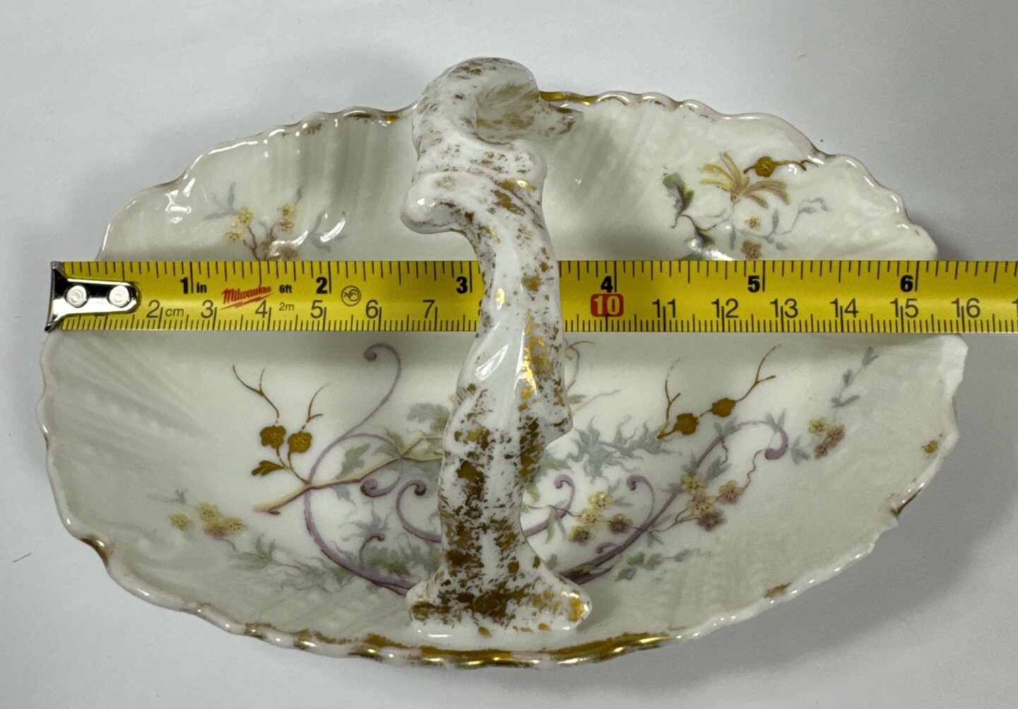Antique Limoges Hand Painted Floral & Gold Gilt Handled Basket Dish See Descrip.