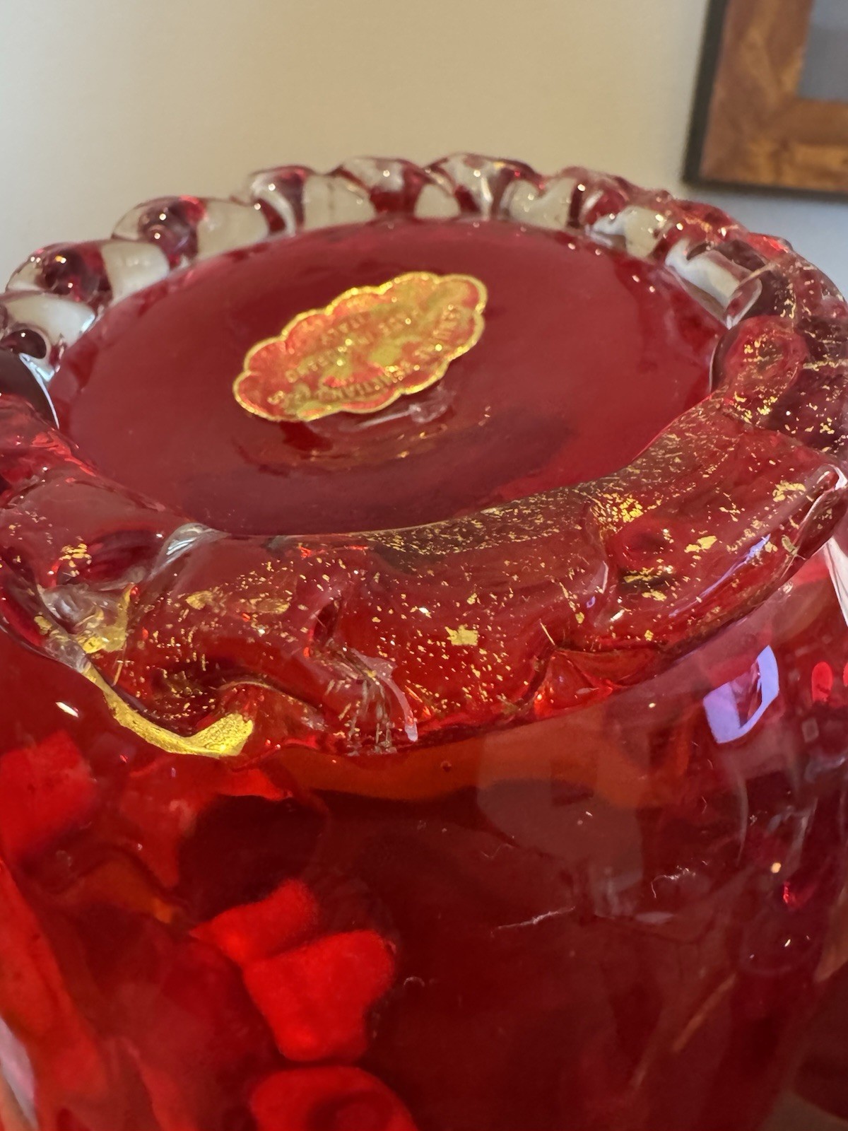 VINTAGE Murano Venetian Red Clear Gold Handkerchief Centerpiece Bowl Italy 6”