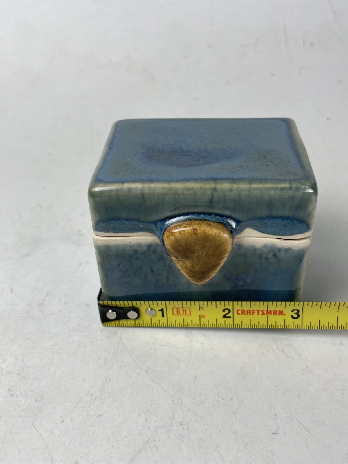 Handmade Art Pottery Rectangle Trinket Box, Keepsake, Ring Holder, Blue Green