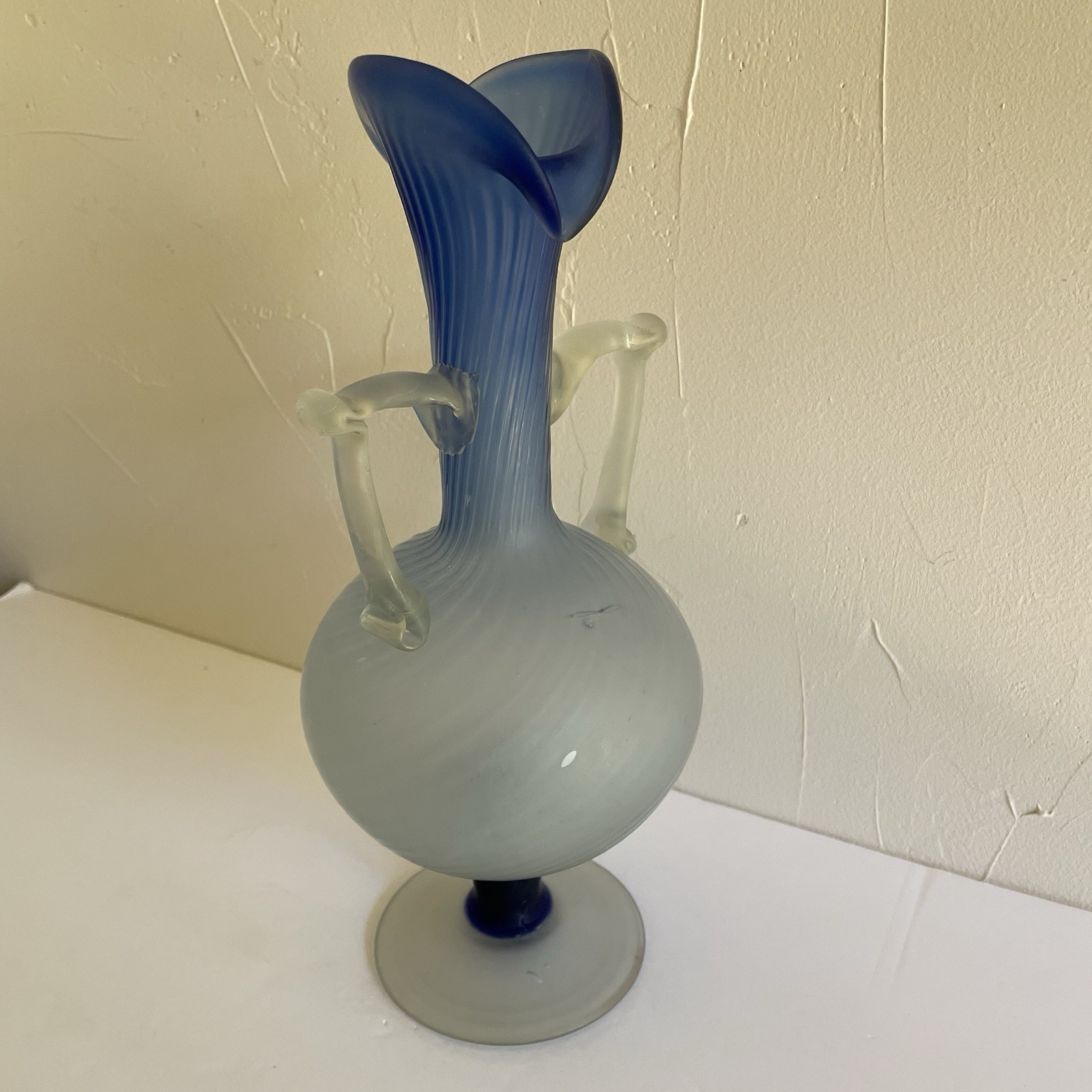 Hand Blown Vintage Satin Art Glass Vase Two Toned Blue 11.5” Frosted 2 Handles