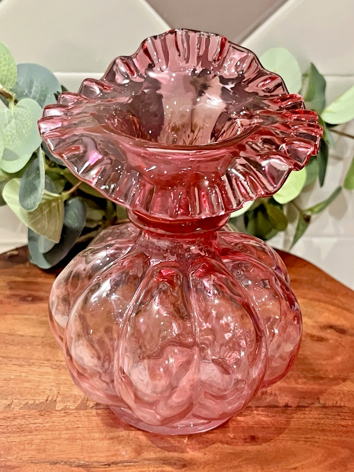Vintage Fenton Glass Cranberry Optic Jack in the Pulpit Tulip Vase 5 7/8″