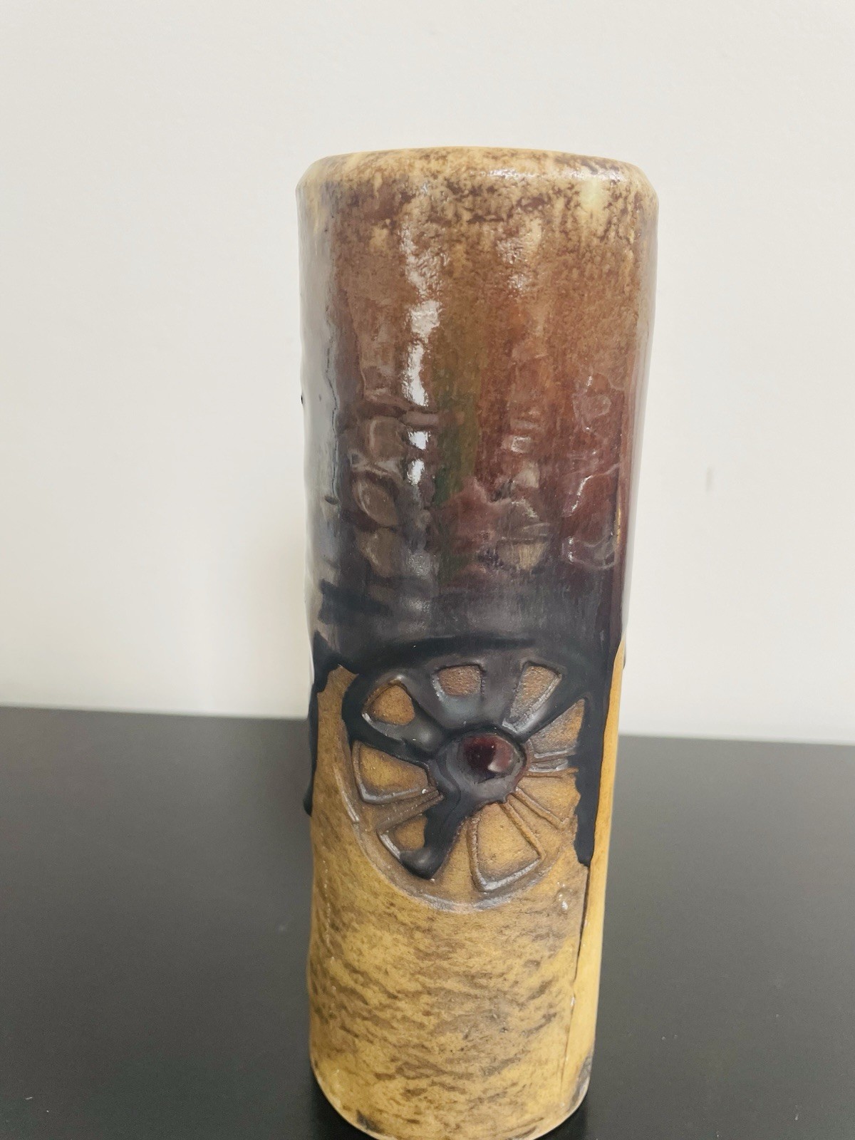 Vintage Unique Cylindrical Studio Art Pottery Vase 8” W/ Sun Images, Stamped