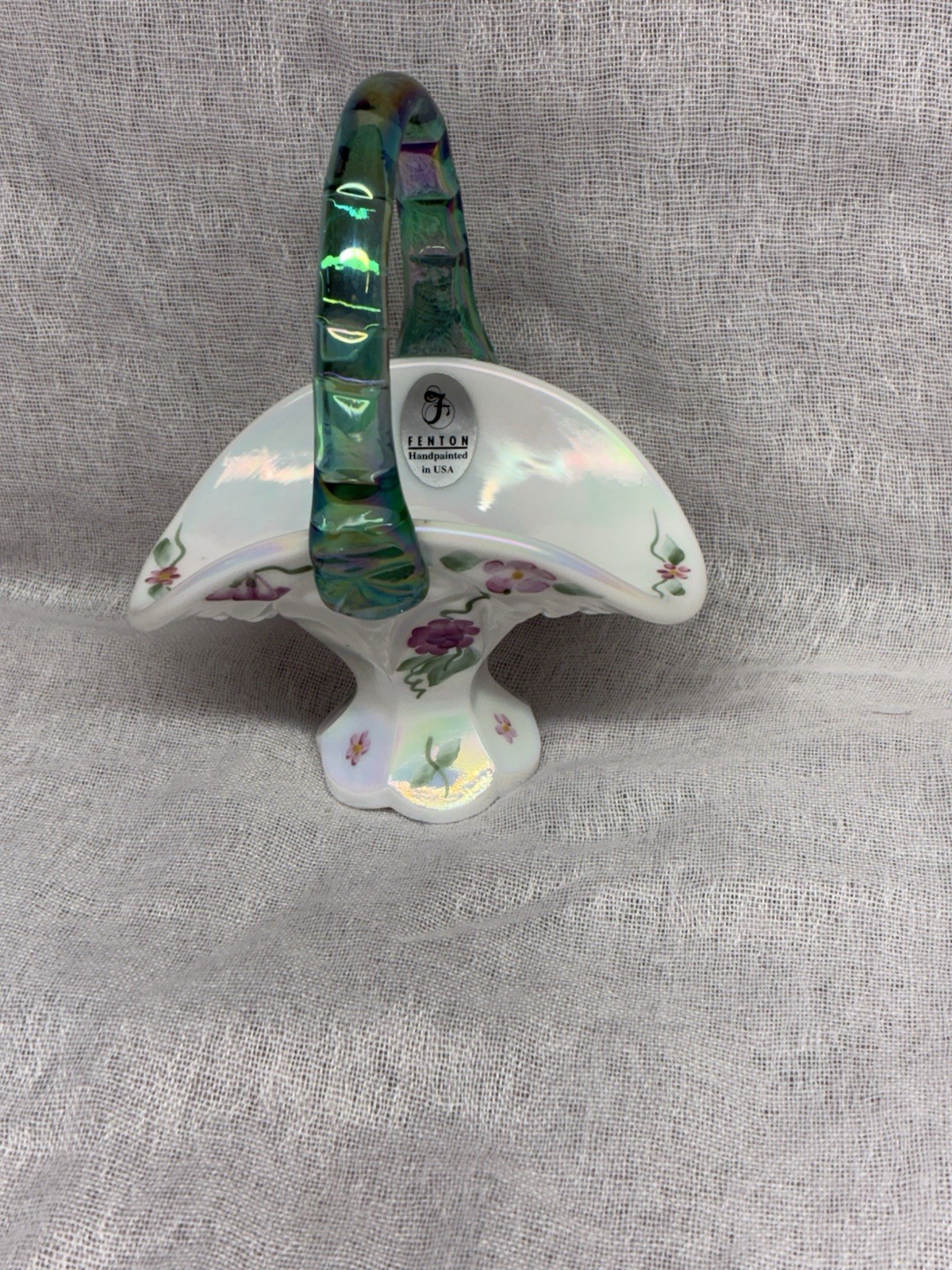 Fenton Vintage 2001 QVC Carnival Milk Glass Basket W/ Hand Painted Flowers