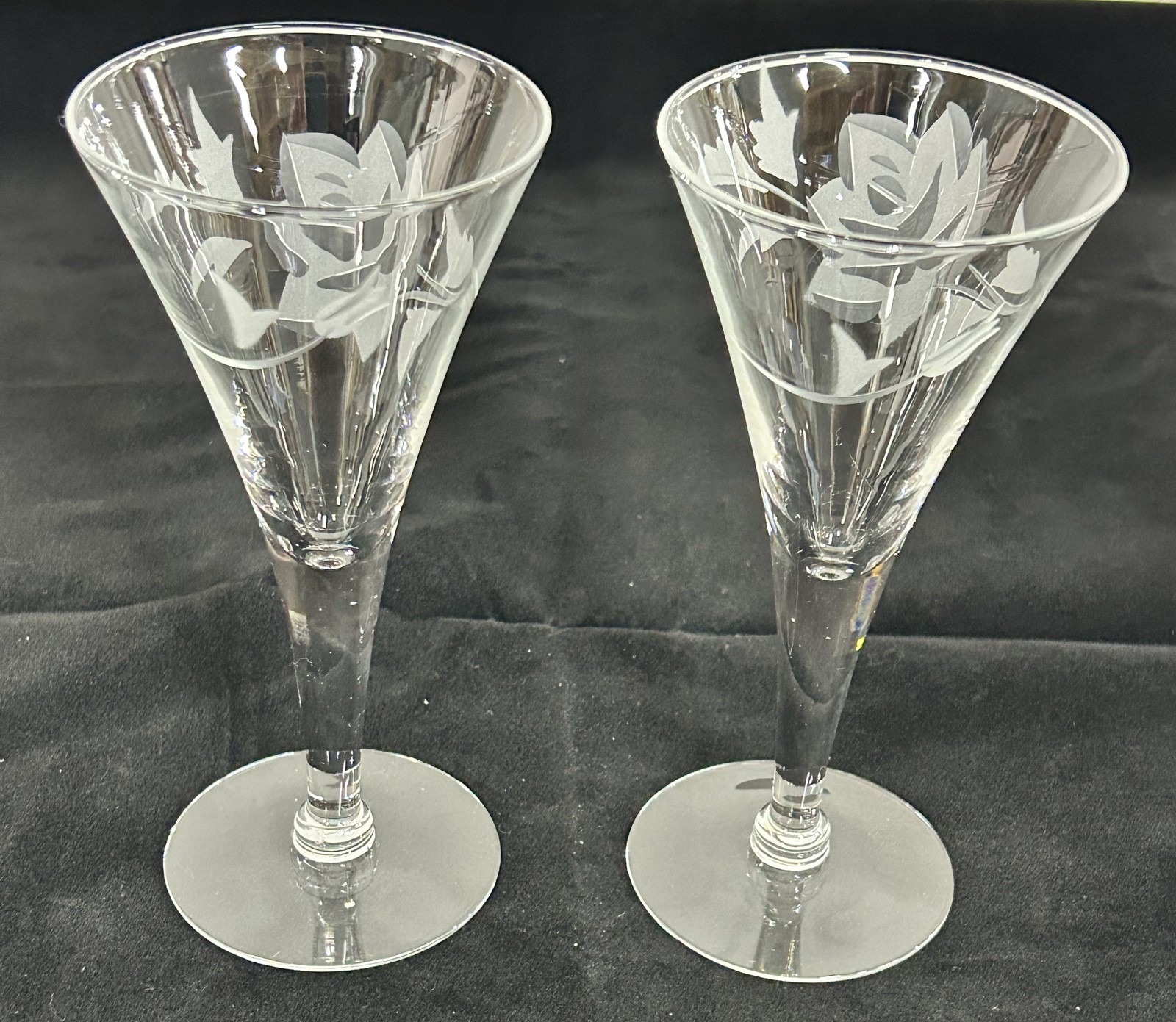 Pair Vintage Etched Clear Glass Champagne Flutes Cordial Glasses Floral Rose