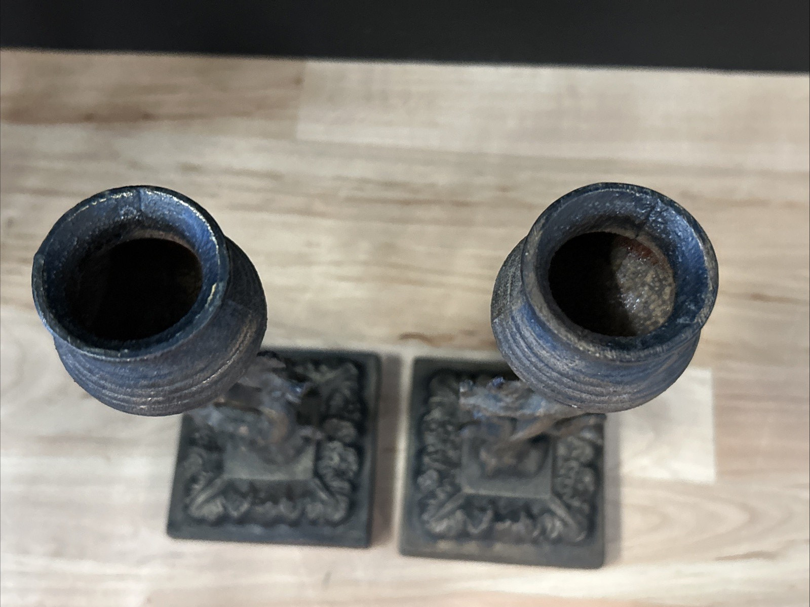 Vintage Pair Iron Mountain Cast Iron Candle Holders Trees With Squirrels 1940’s