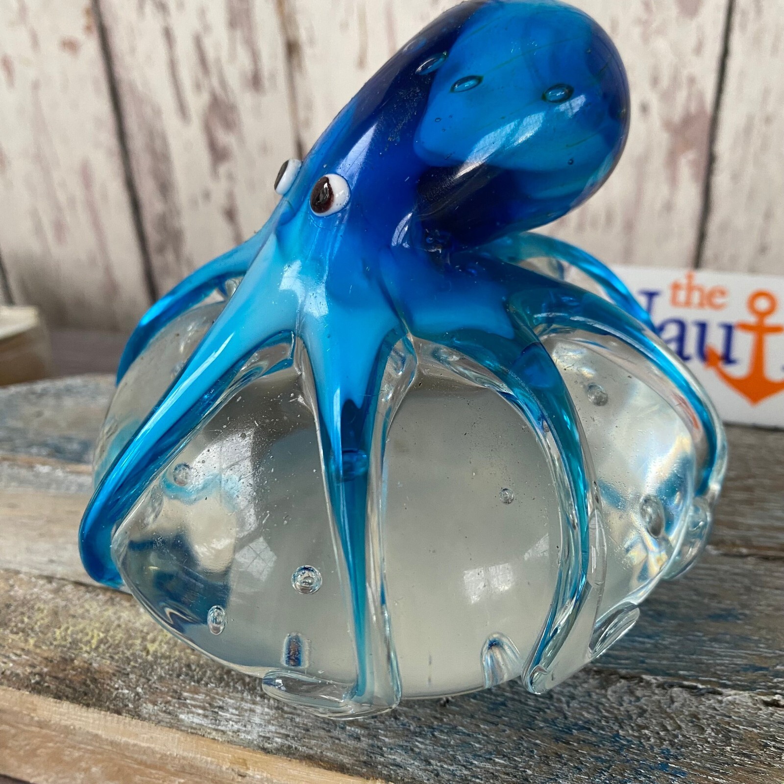 Glass Octopus On Ball Figurine – 2.25 lbs. – Blue & Aqua – Hand Blown Tropical