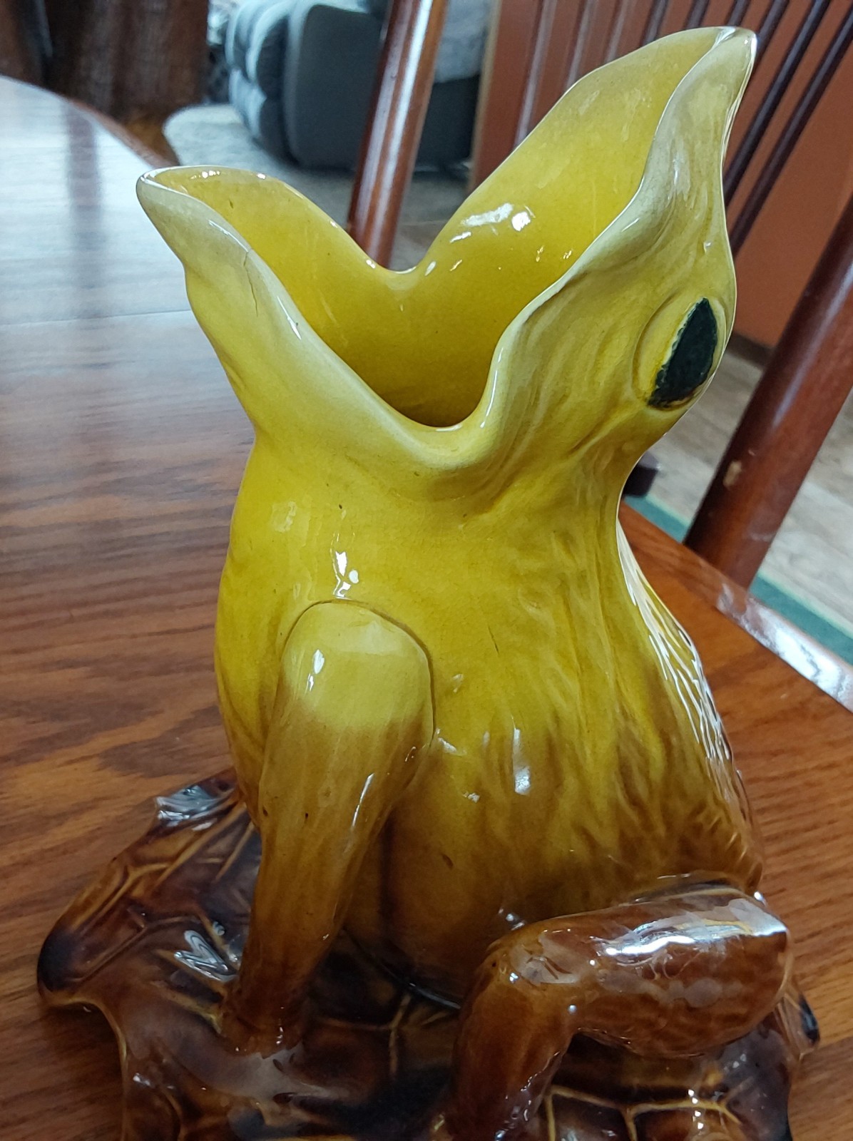 Unique Yellow Croaking Frog on Brown Lilly Pad Vintage Pottery Vase