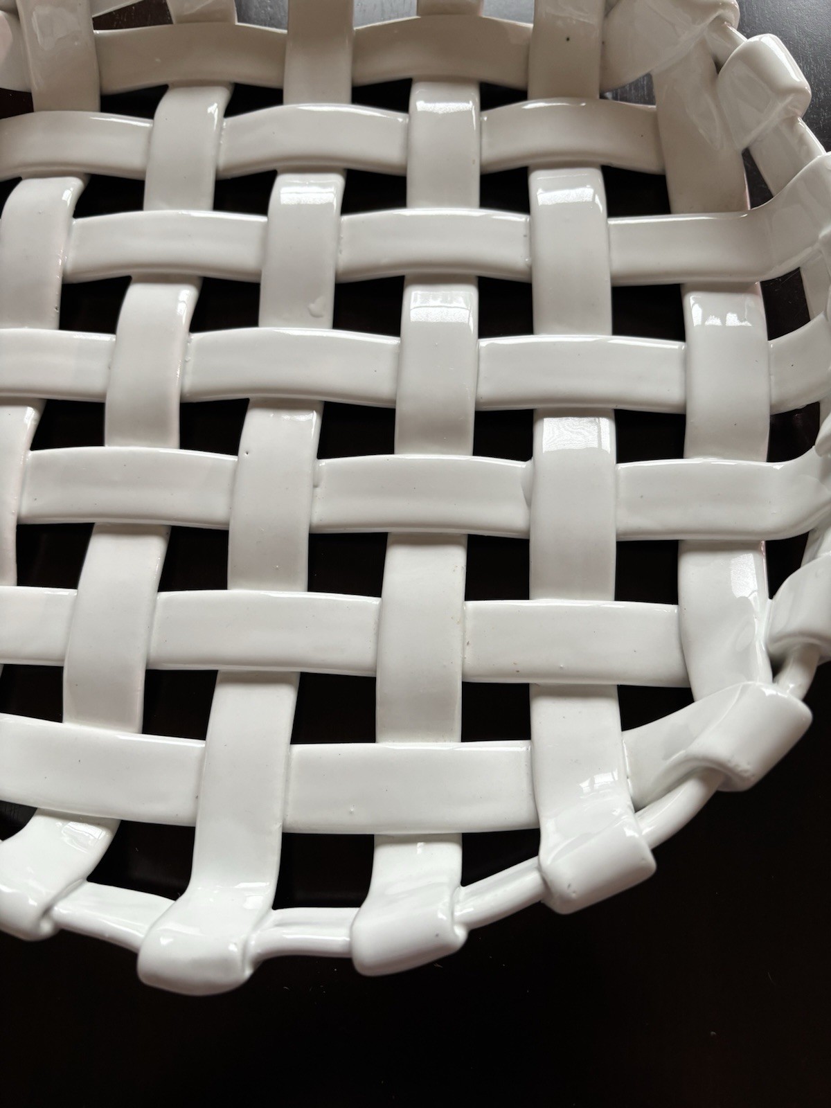 Vintage Italian White Woven Ceramic Basket Bowl with Handles – Hand-Painted