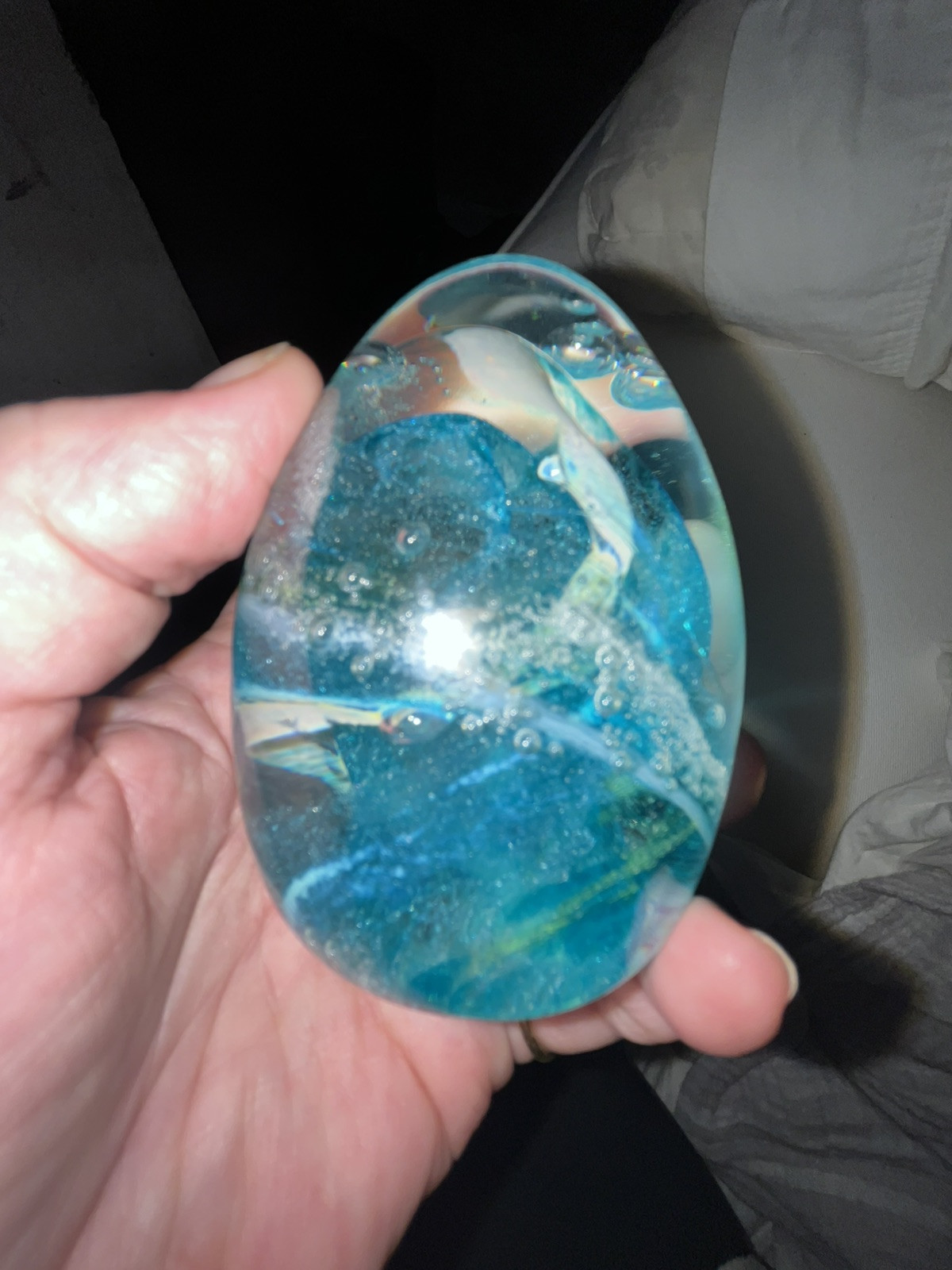Vtg Signed Hand Blown Art Glass Blue White Swirl Egg Paperweight 3.50”