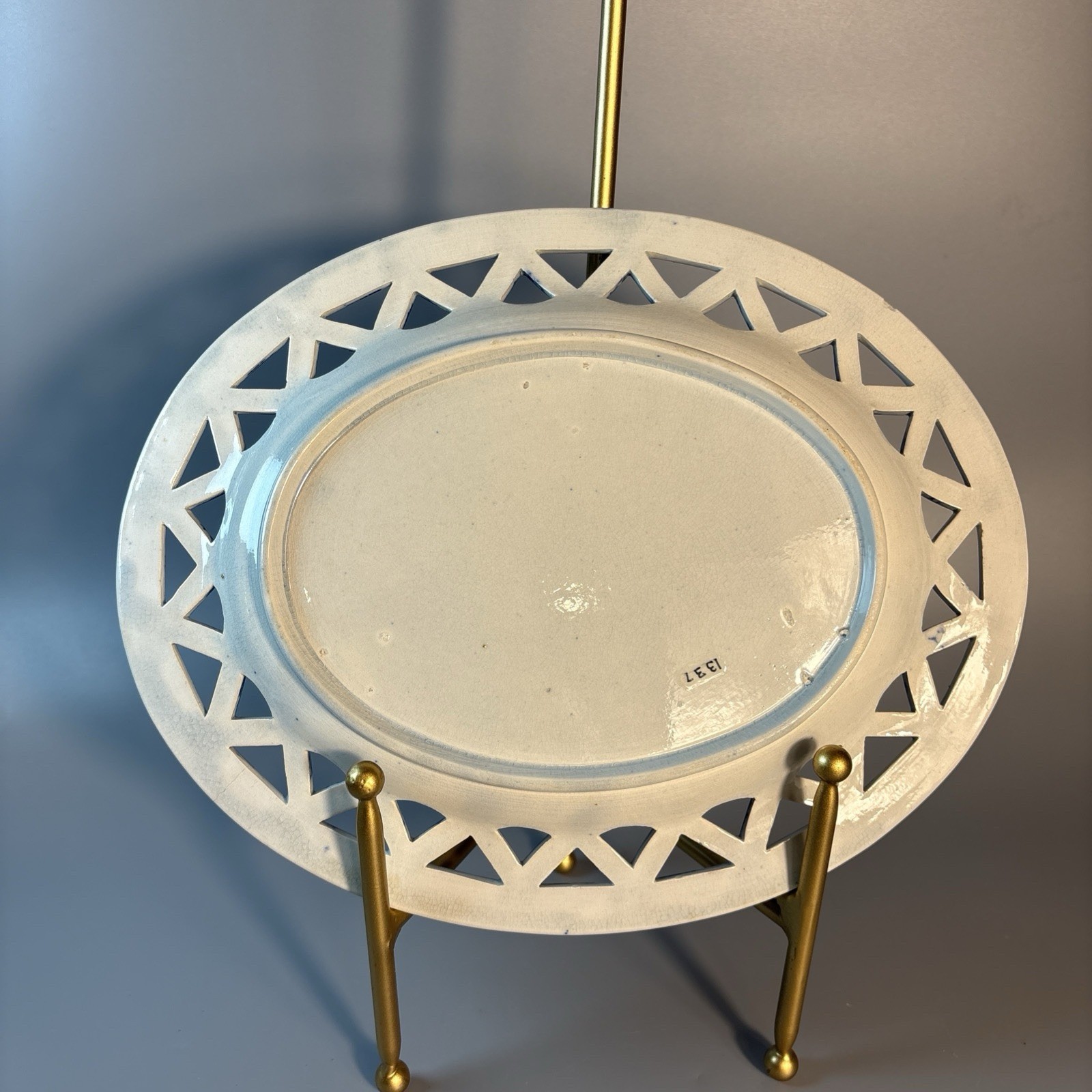 19th Cen Staffordshire Dark Blue Transfer Pearl Glaze Reticulated Basket & Tray