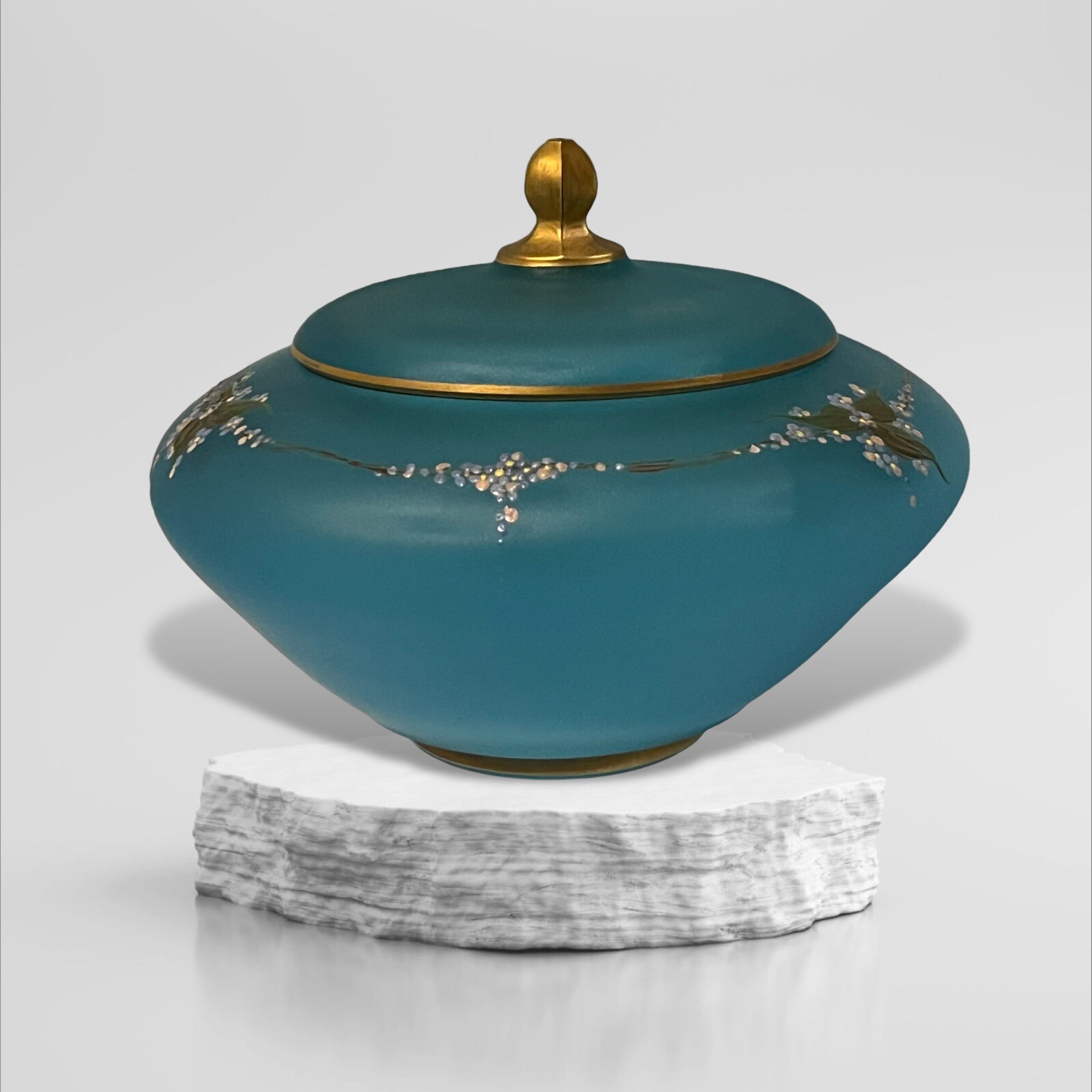 Vintage Tiffin Satin Blue Hand Painted Enameled Floral LiddedCandy Dish Nut Bowl
