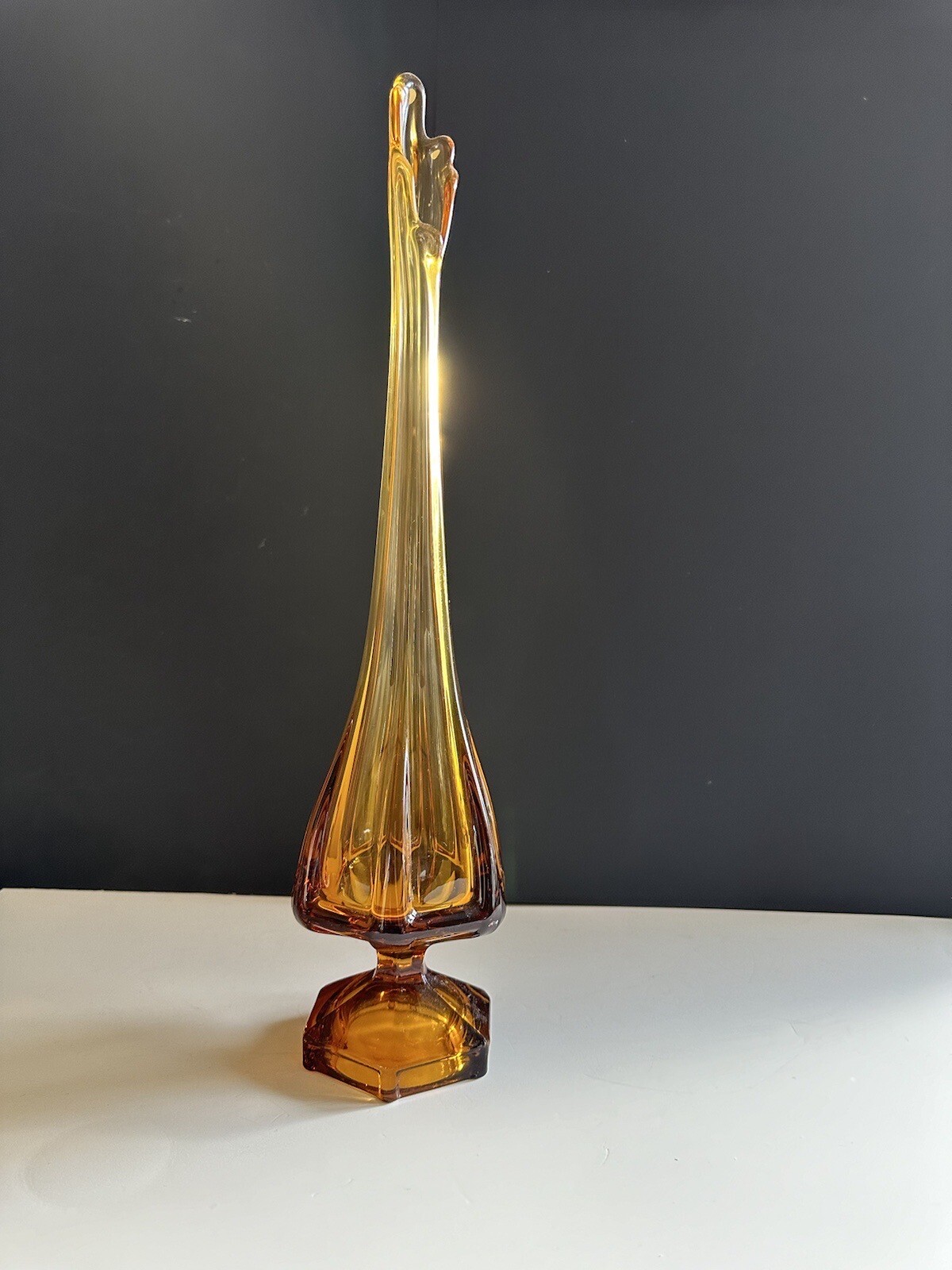 Vintage MCM Viking Glass Amber Swung Vase Epic Column 18.5” Hexagon Foot