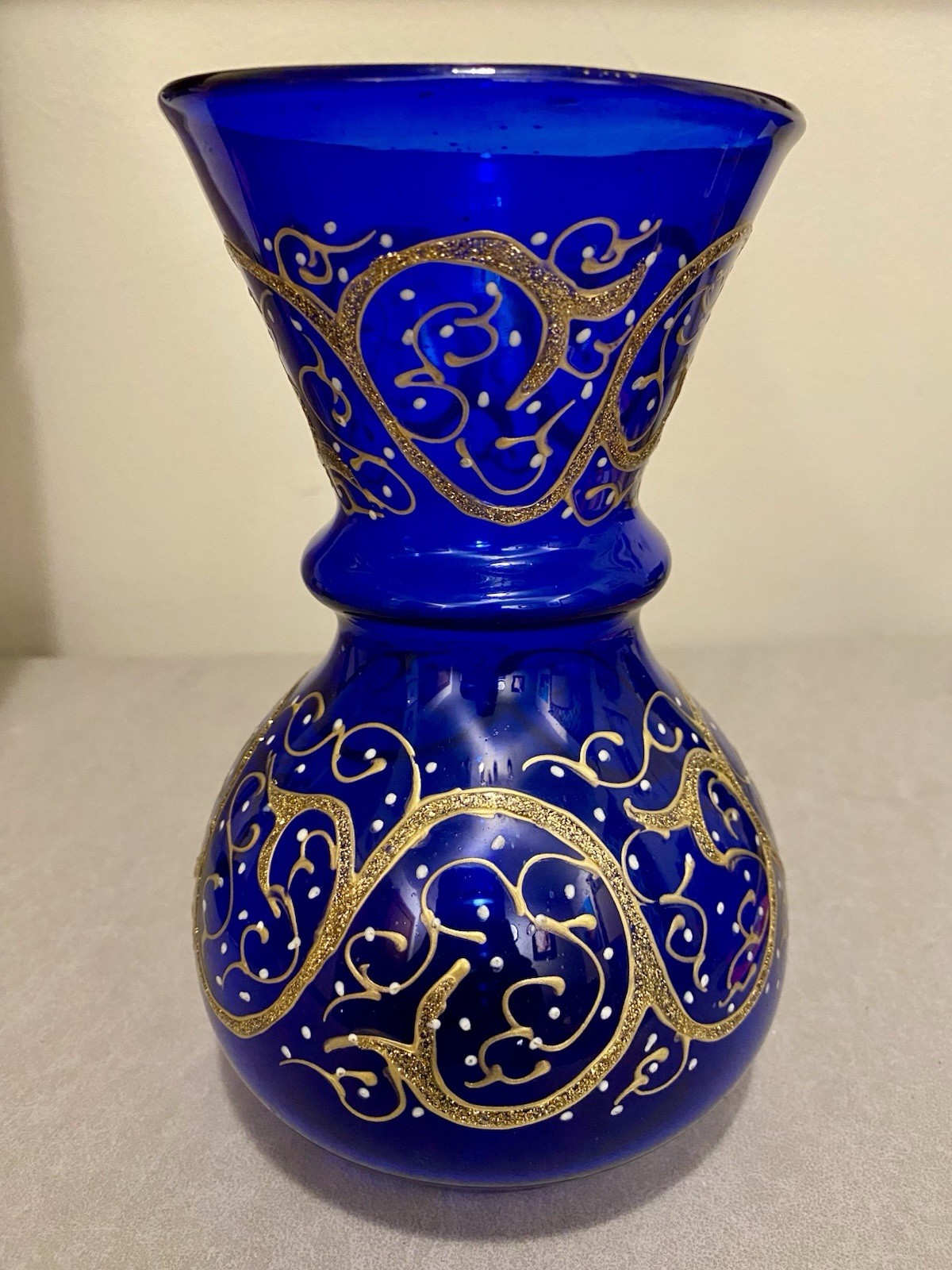 VINTAGE HAND BLOWN BUD VASE SAPPHIRE BLUE GOLD & SILVER RAISED ENCRUSTED SWIRLS
