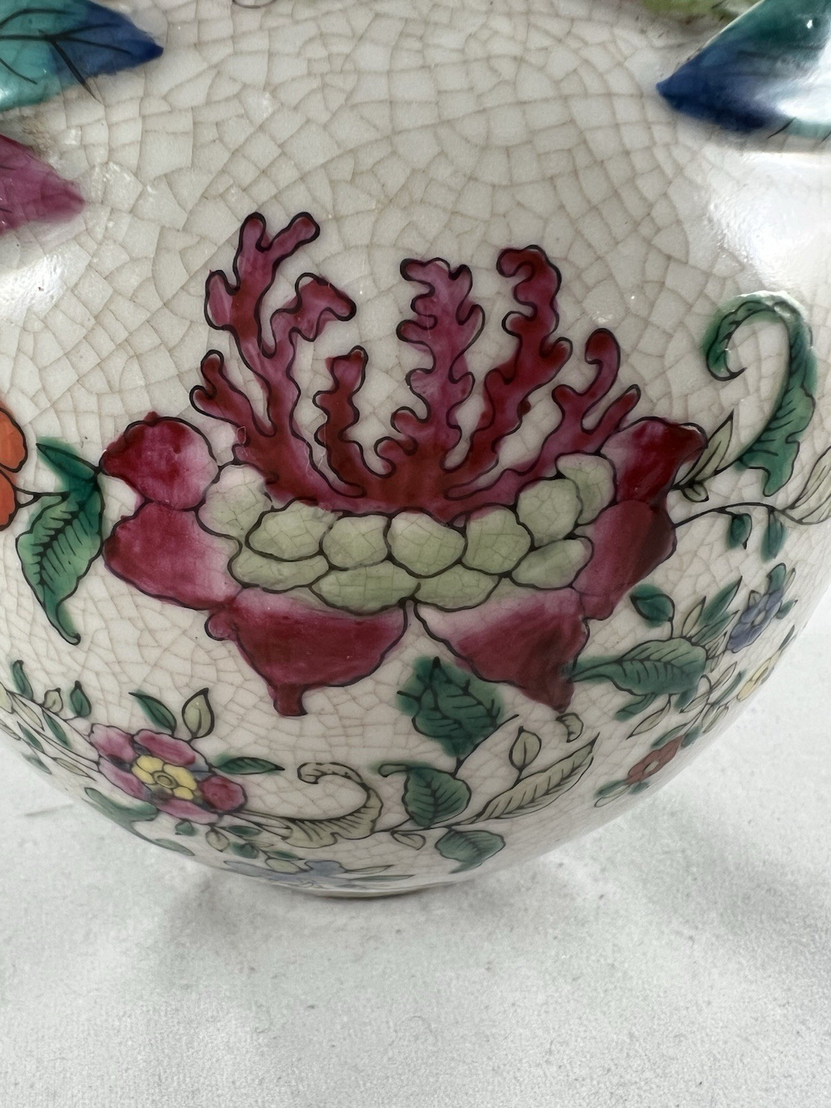 Vtg Amita Chinese Hand Painted Pottery Vase With Crackle Finish. Fruit Statement