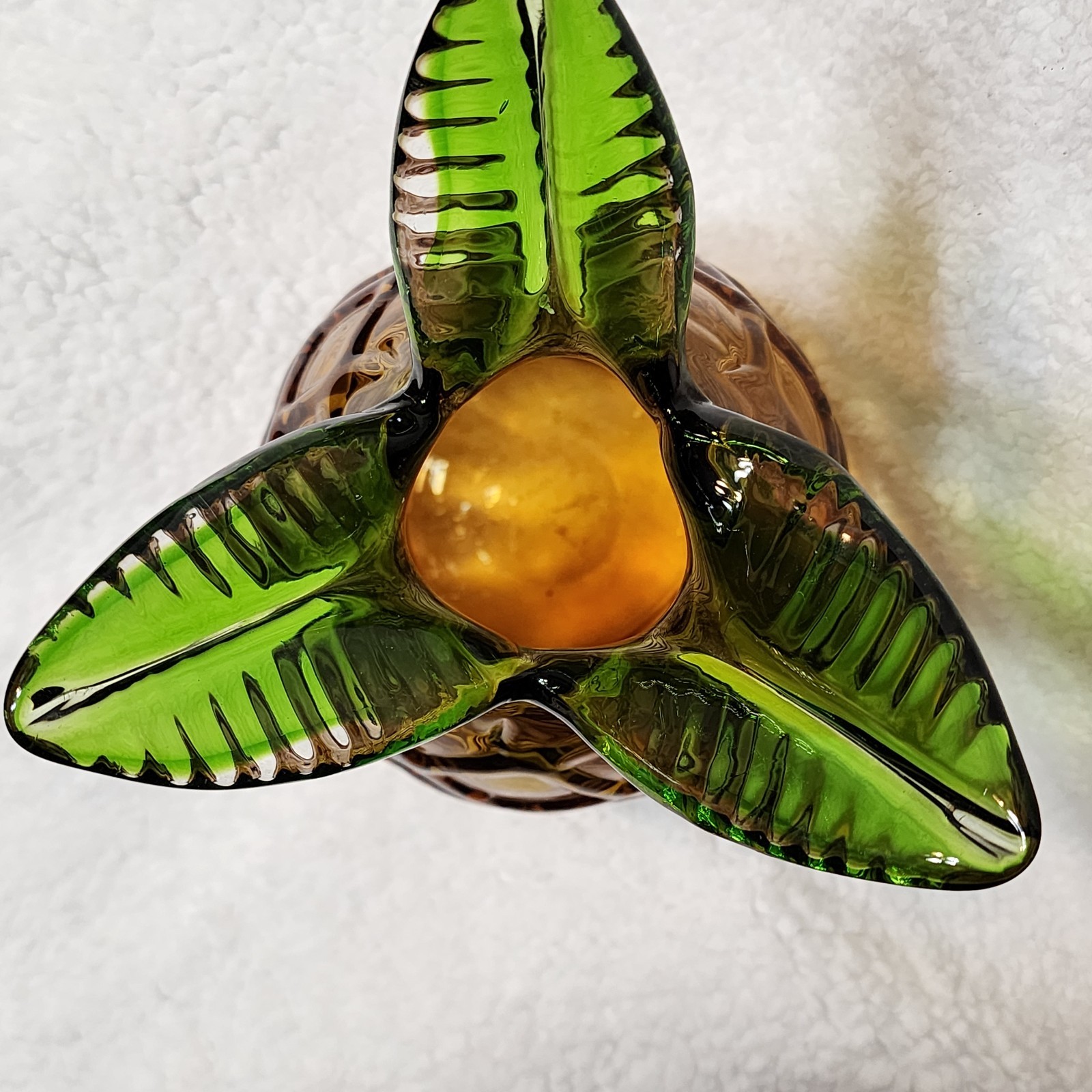 Murano Style Pineapple Vase. Hand Blown Glass Amber and Green 11.5 Inches Tall