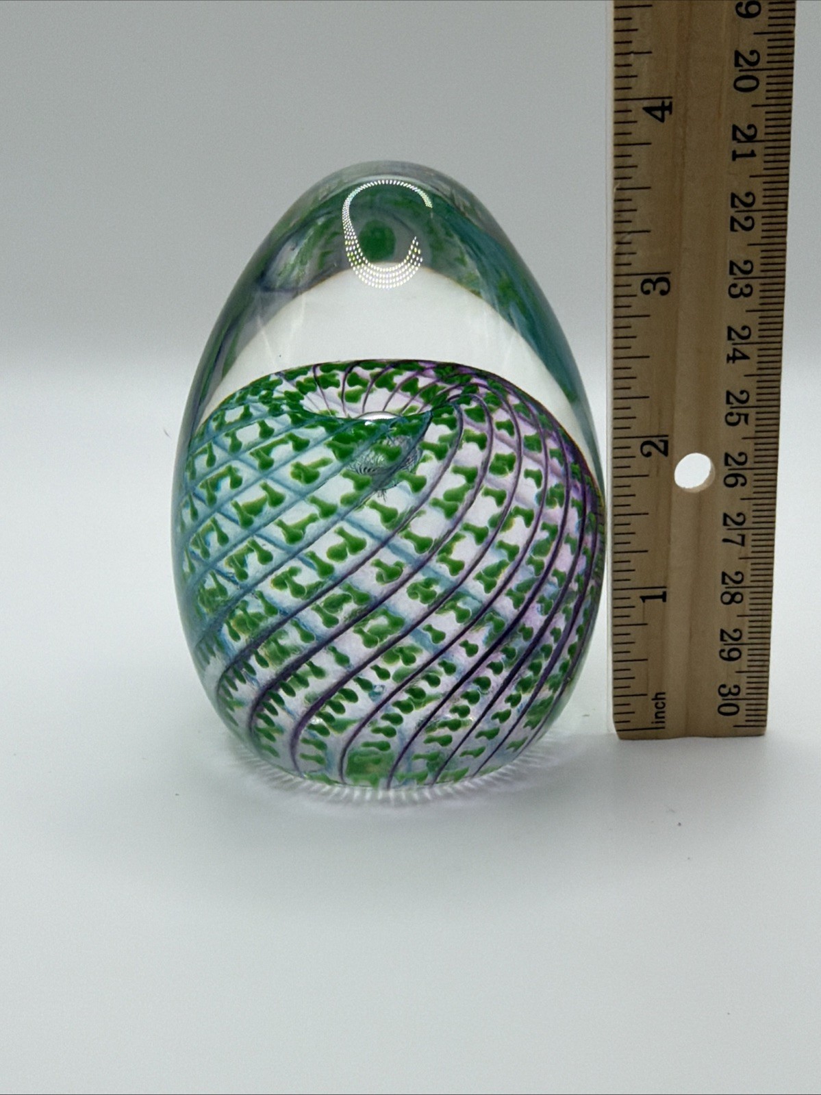 Vintage Art Glass Egg-Shaped Paperweight Swirl Design Signed Fire Ranch 2002