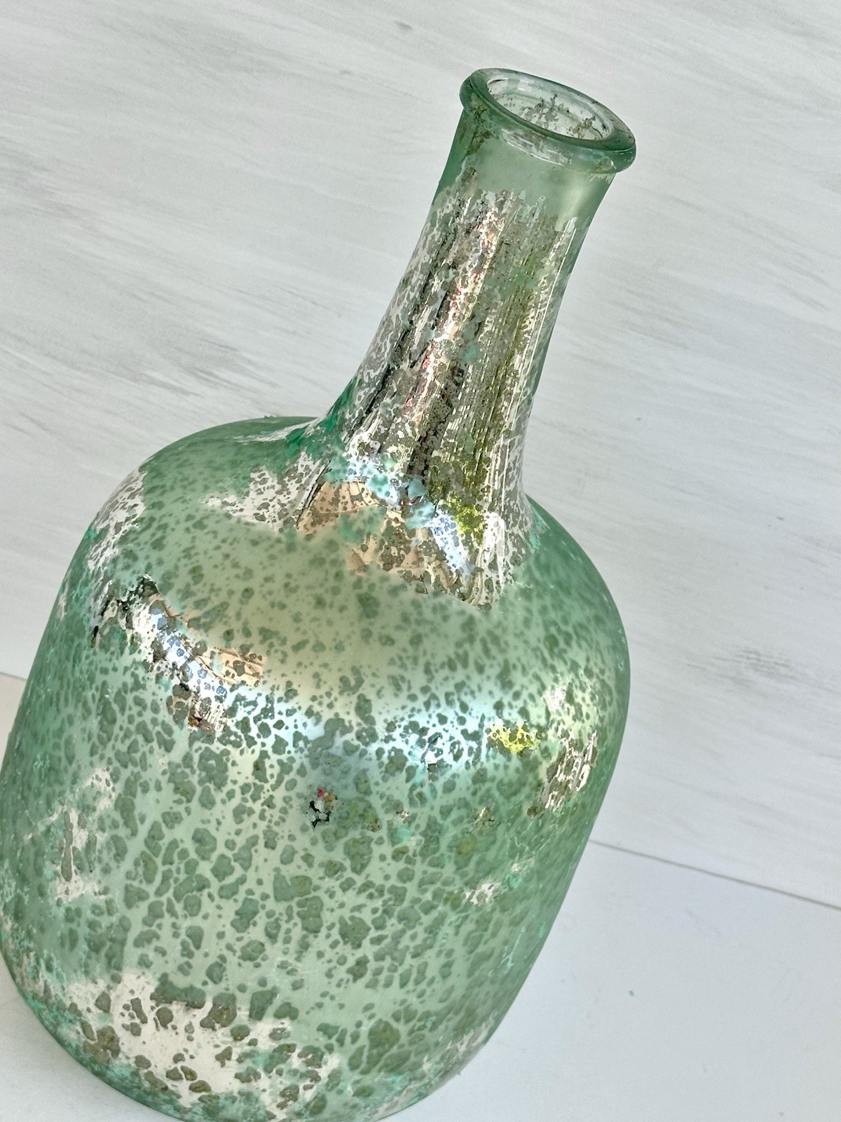 Green Distressed Glass Bottle Vase Vintage Inspired With Metal Sparkles 15” Tall