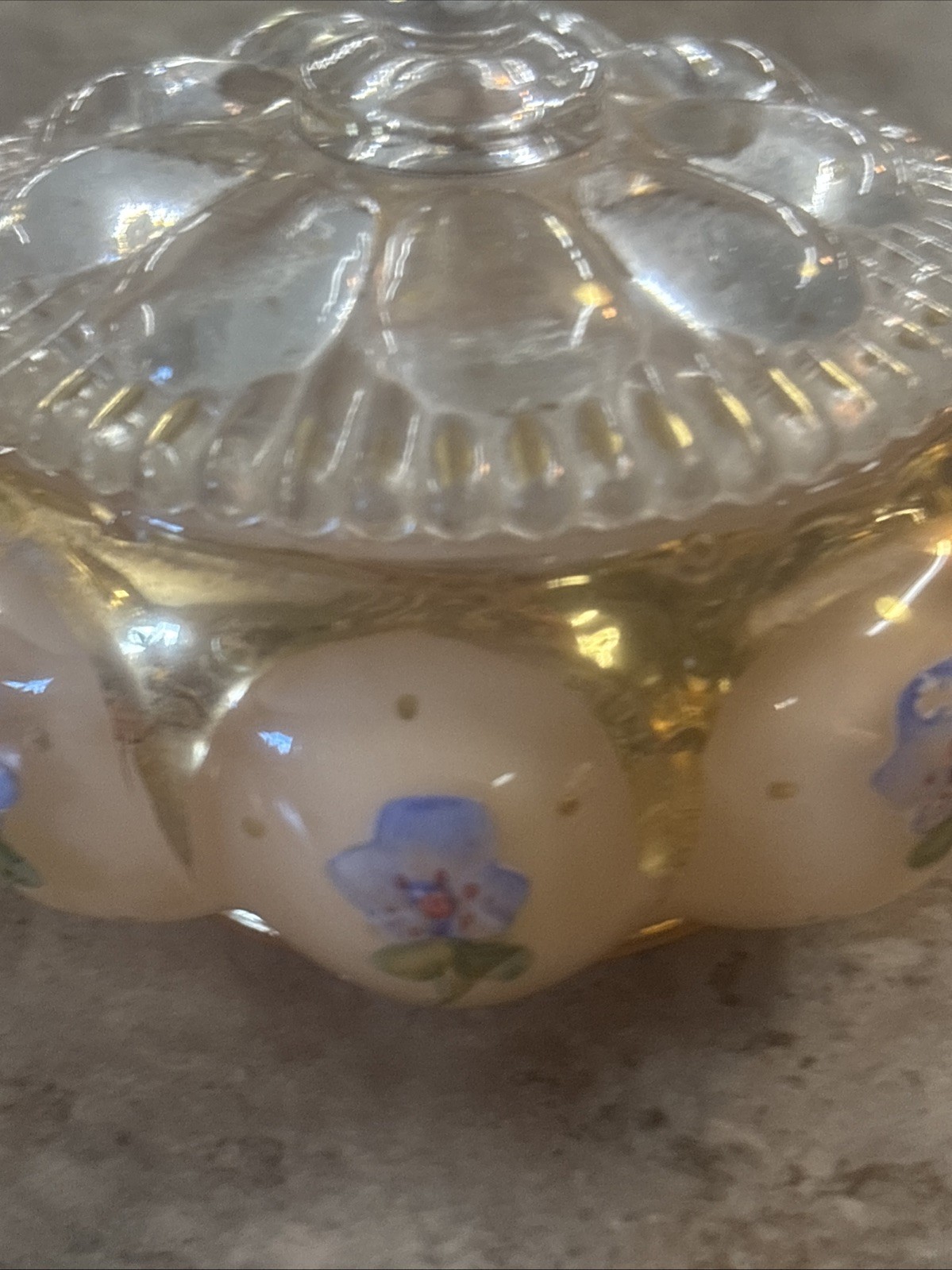 Vtg Fenton Charleton Blue Painted Pansy Vanity Perfume Bottle & Powder Trinket