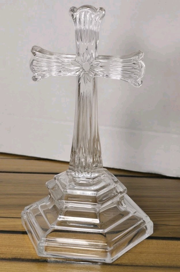 Vintage DePlomb Lead Crystal Cross Figurine 7.5″ Clear Glass Ornate Stepped Base