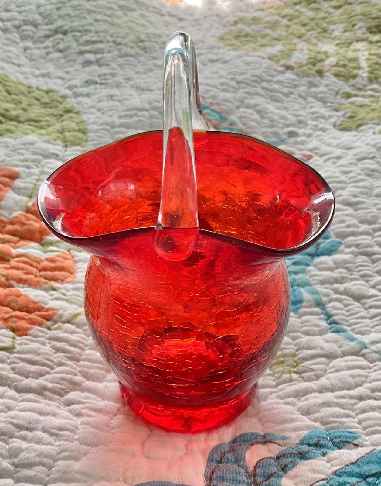 Set of 2 Vintage Pilgrim Hand Blown Glass Baskets, Crackled Glass, Orange Red,5″